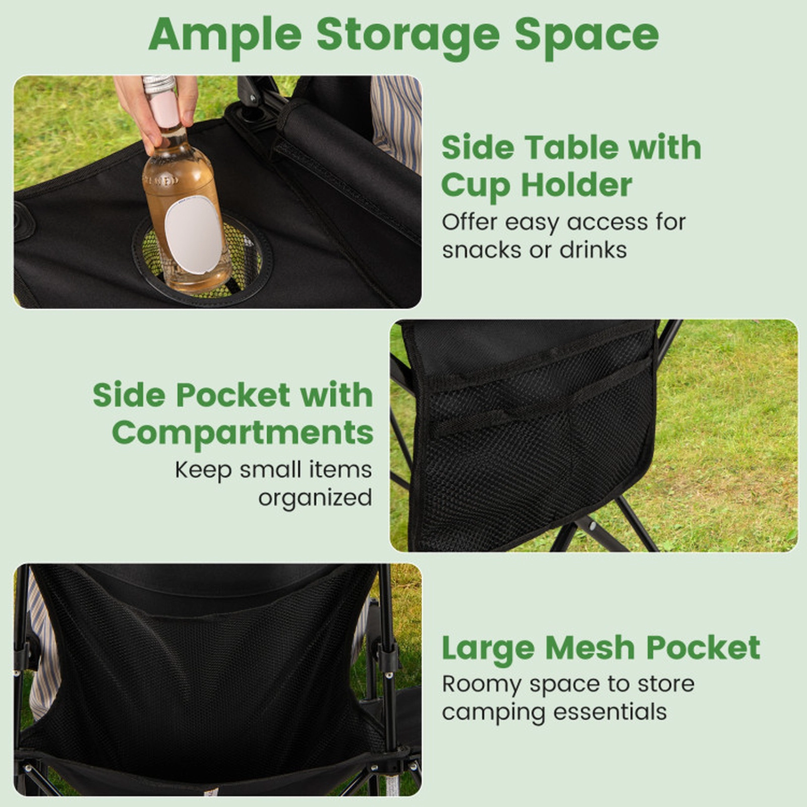 SUGIFT Black Oversized Camping Chair with Side Table and 2 Storage Pockets 32.5-in W 21.5-in D 330-lb Seat Capacity