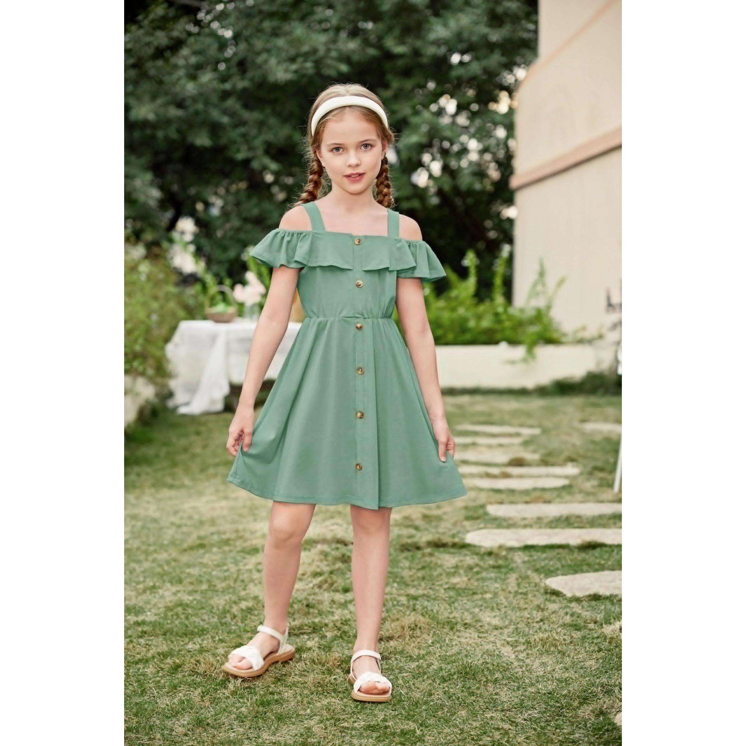 Arshiner Girls Dresses Summer Spaghetti Strap Cold Shoulder Ruffle Button Down A Line