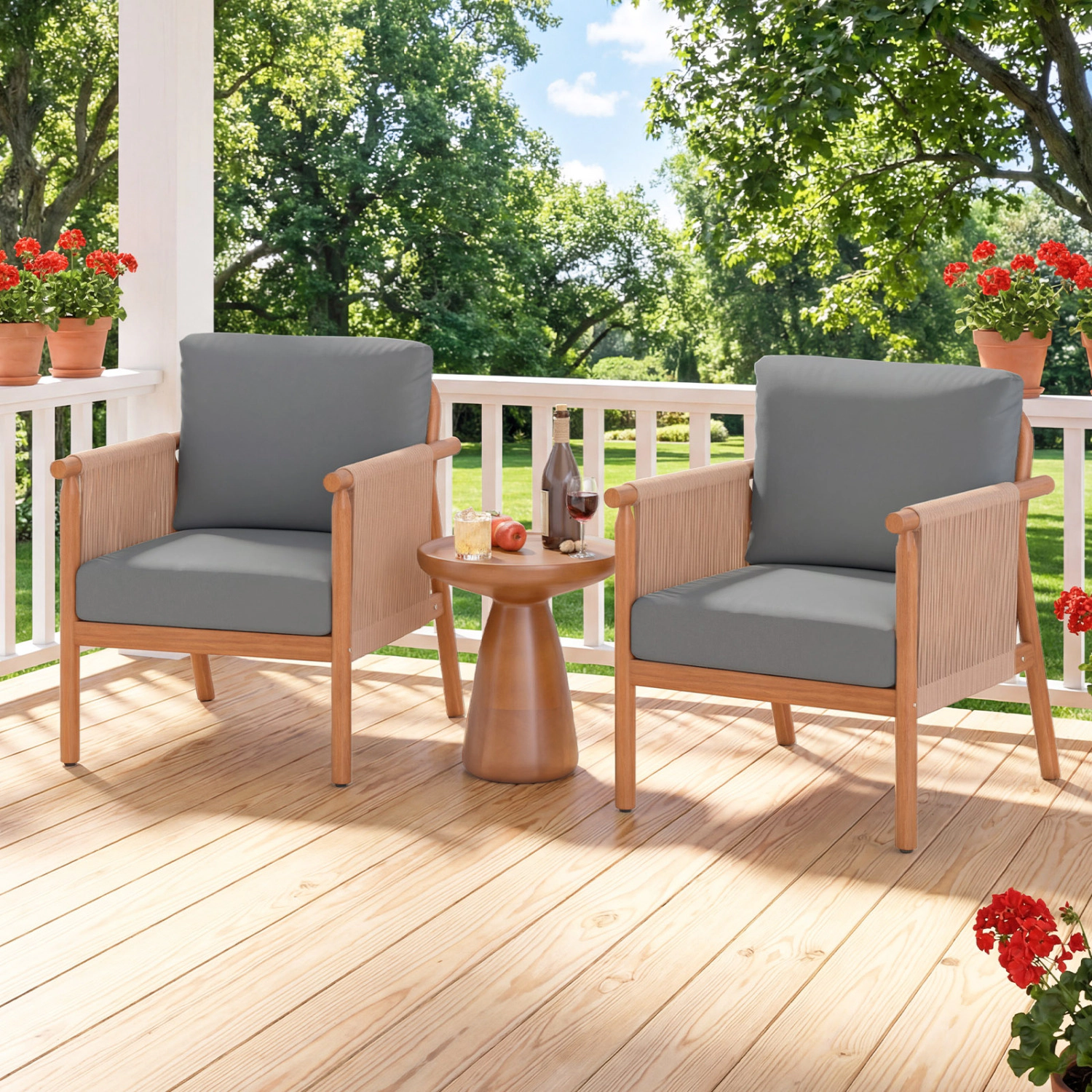 LJG Patio Acacia Wood Chair Set of with Woven Rope Armrests and Seat Back Cushions for Backyard