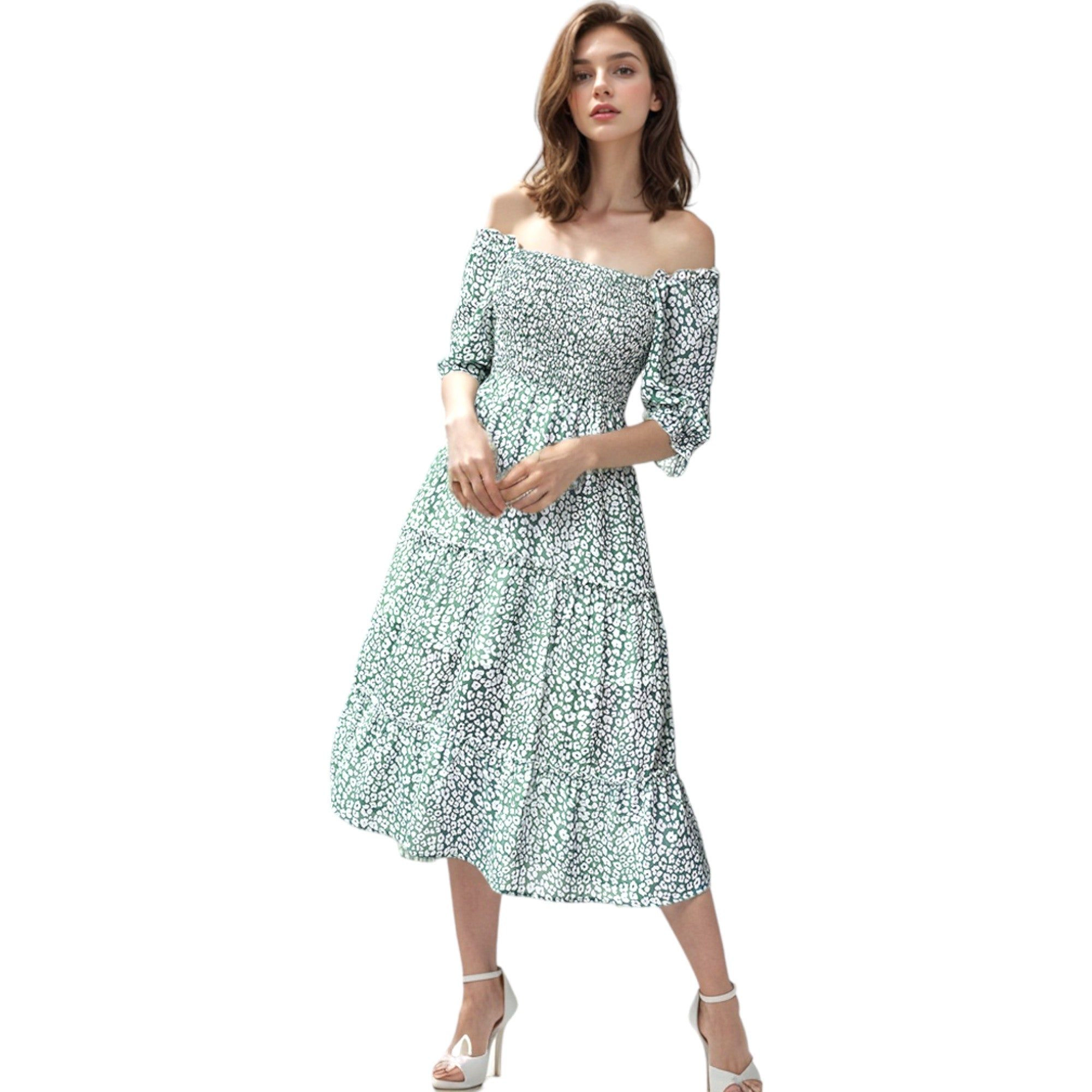 Anna-Kaci Women's Square Neck Puffed Sleeve Leopard Print Tiered Midi Dress