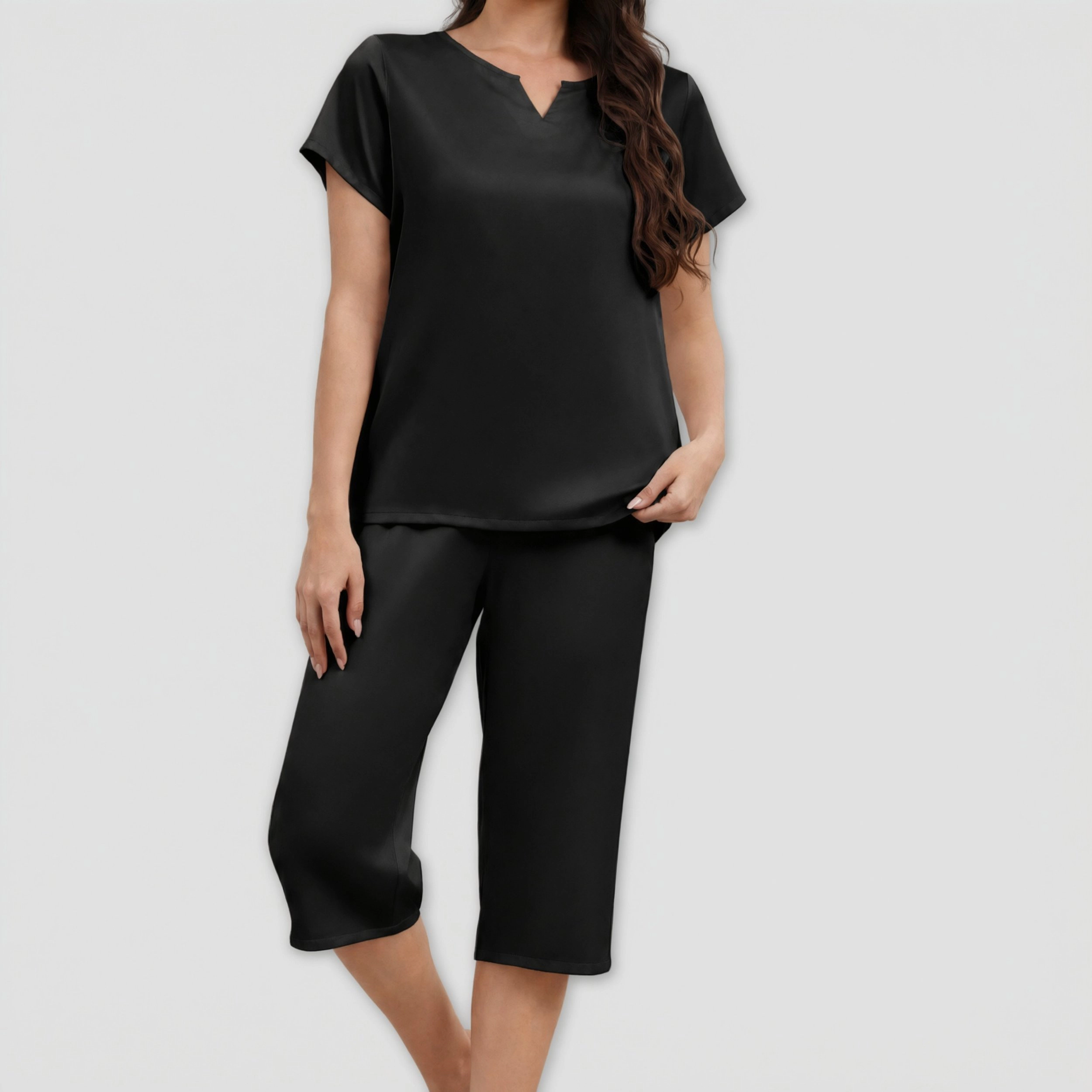 Ekouaer Women's Silky Satin Short Sleeve V Neck Pajama Set with Capri Pants
