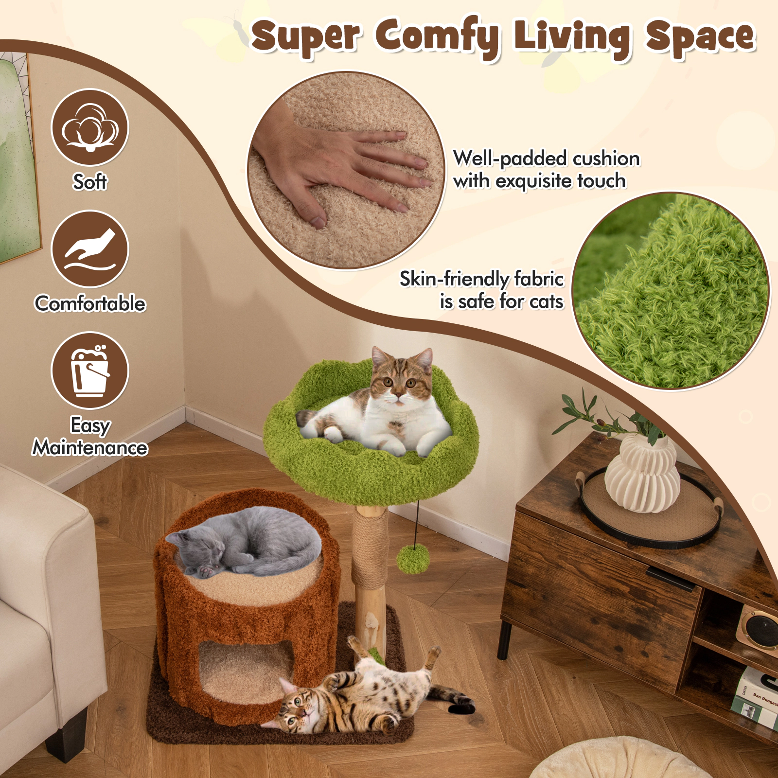 SUGIFT 29-in Cat Tree Tower with 16-in Round Condo Sisal Post Scratching Panel and Wide Top Perch