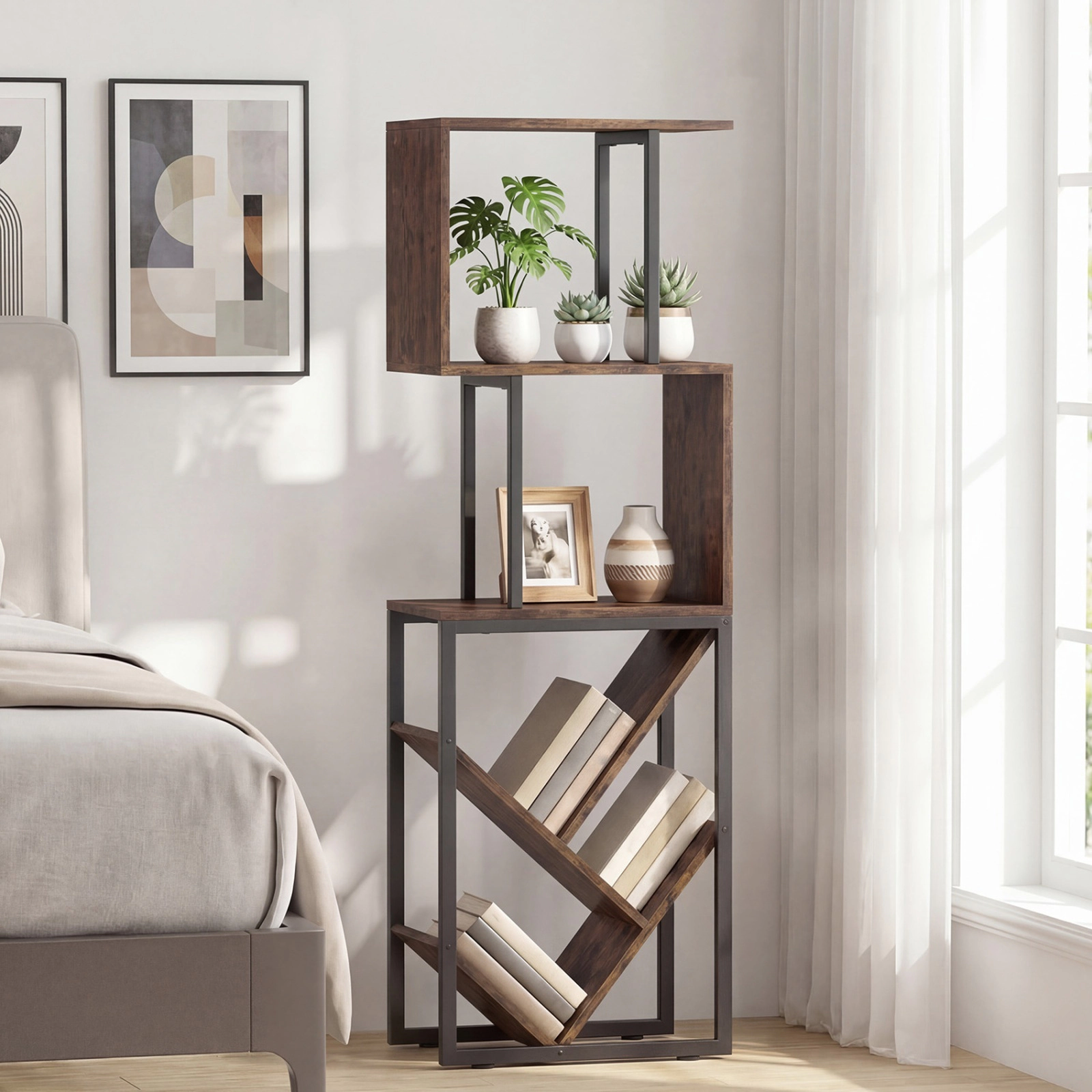 SUGIFT 6-Tier 48-in S-Shaped Geometric Tree Bookshelf Floor Standing with 2 Anti-Toppling Kits for Study