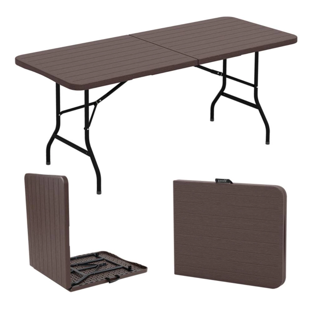 Hivvago 6 Feet Folding Table With Wood Grain Hdpe Tabletop And Safe Lock Mechanism