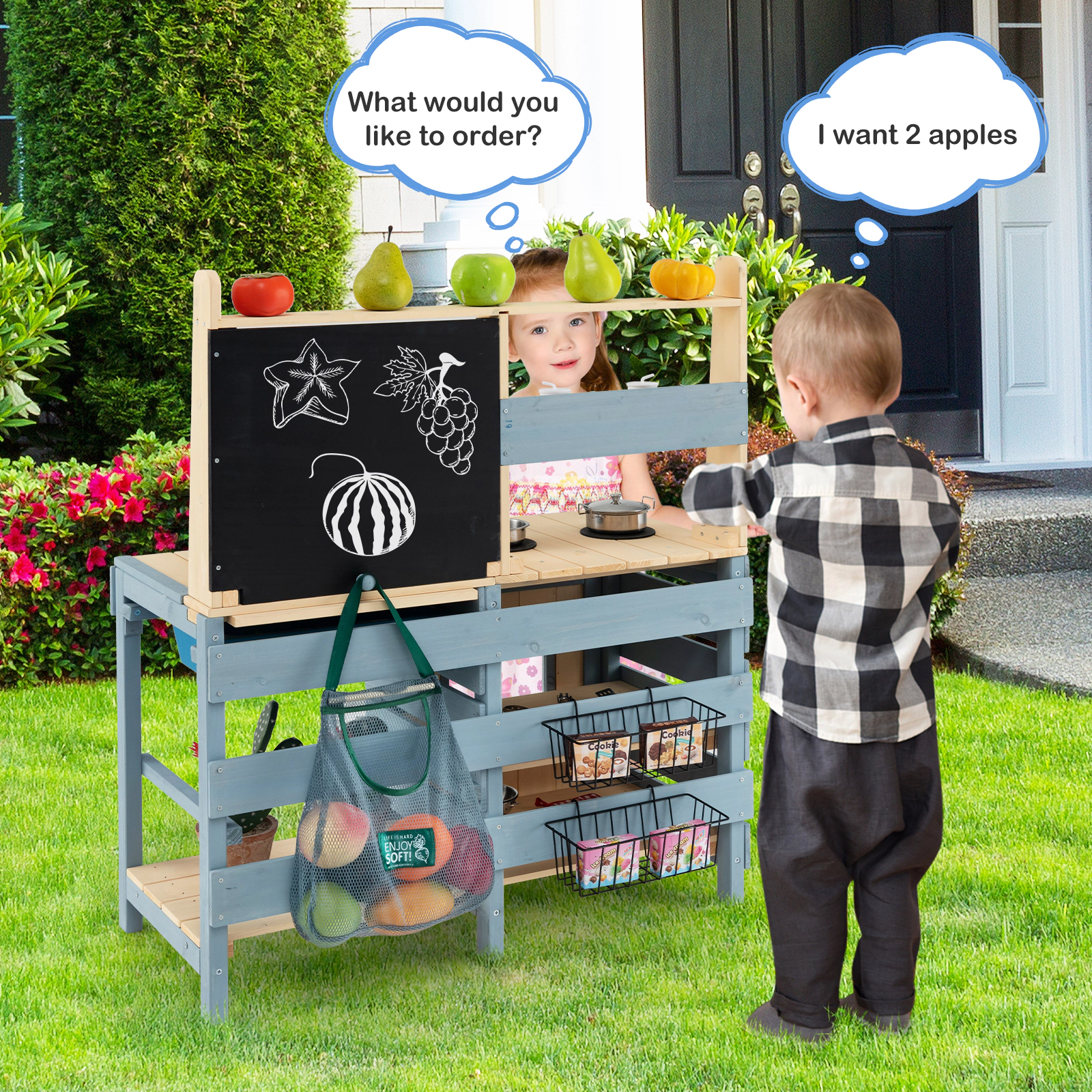SUGIFT 2-in-1 Kids Wooden Mud Kitchen and Grocery Store Playset with Faucet Water Tank and Chalkboard