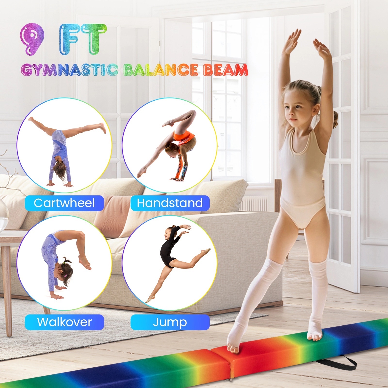 SUGIFT Rainbow 9-ft 160-lb Capacity Folding Gymnastics Balance Beam with Pine Wood Core and Anti-Slip Base