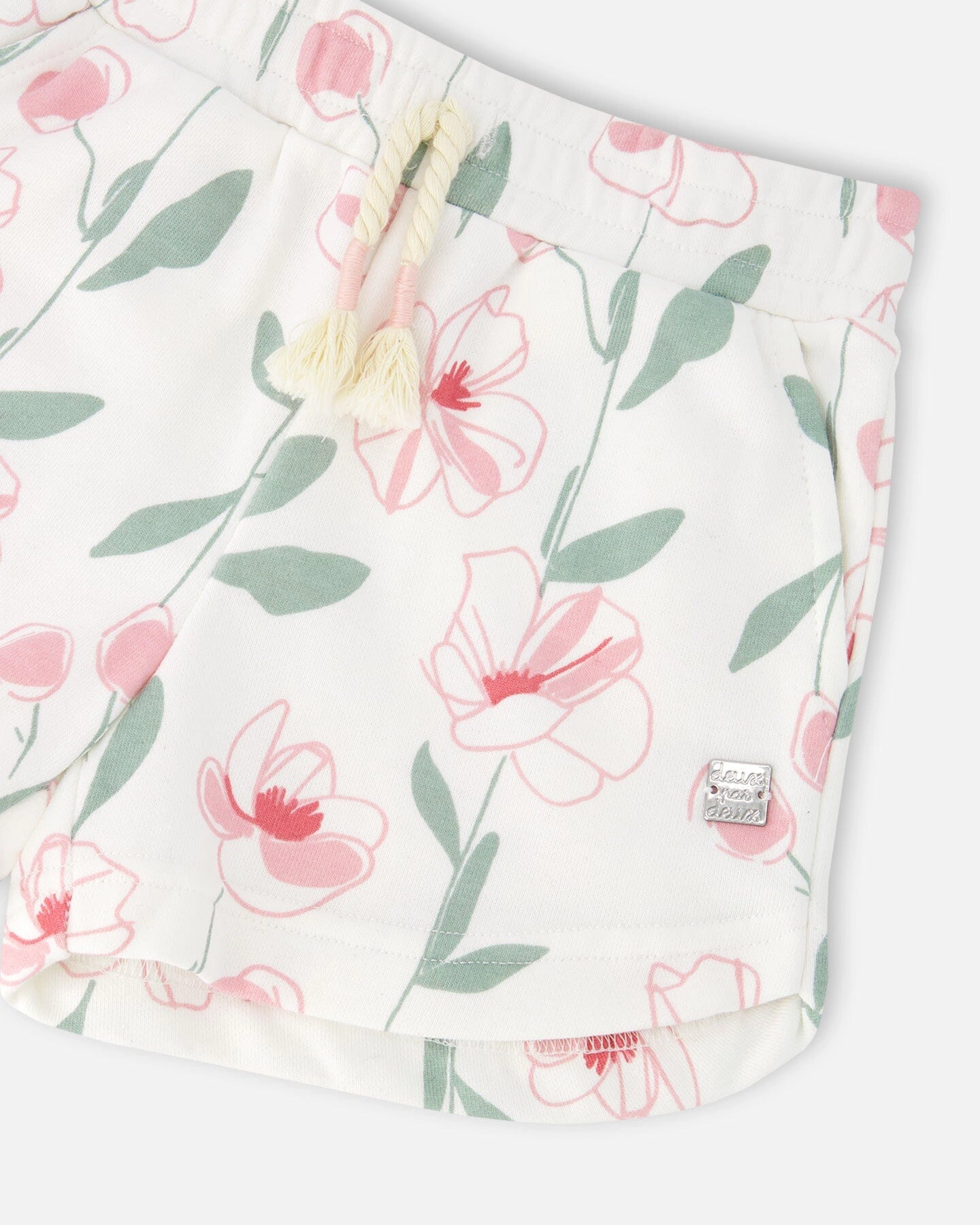 Deux par Girls Floral Print Drawstring Waist Curved Hem French Terry Shorts