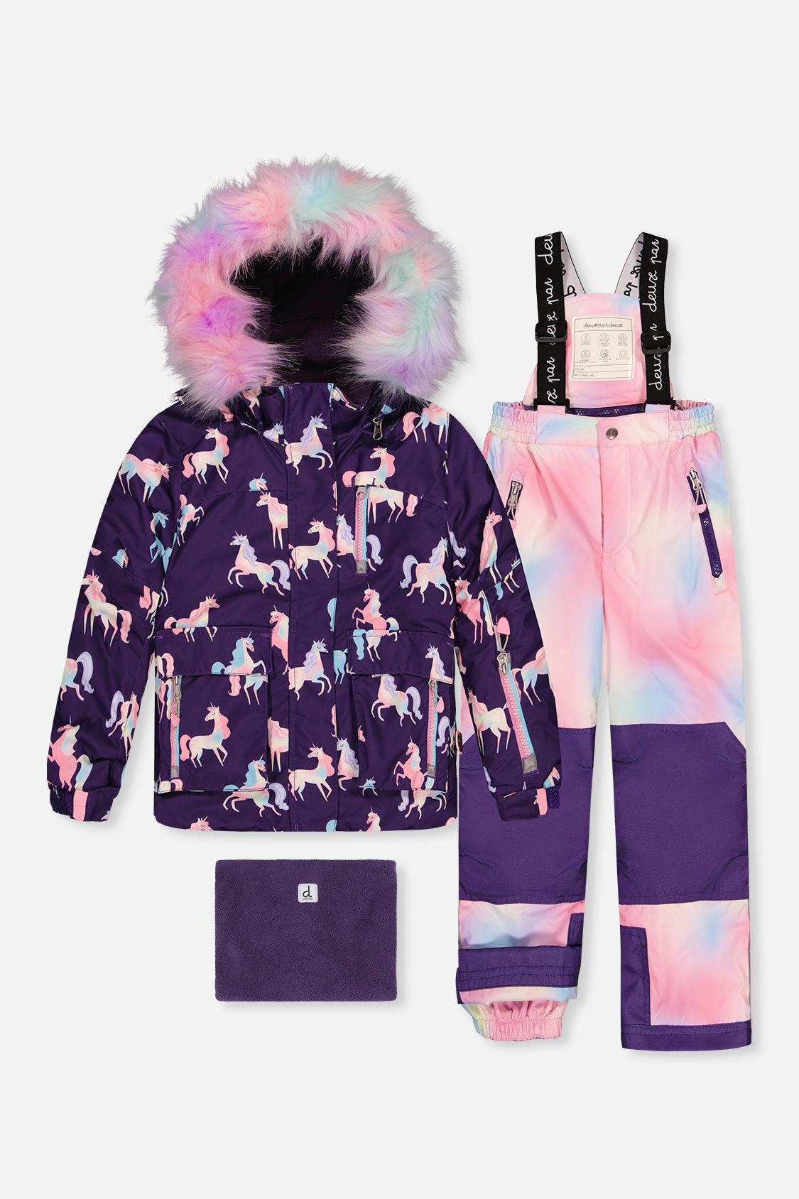 Deux par Girls Unicorn Print Two Piece Play Snowsuit with Hooded Jacket and Snow Pants