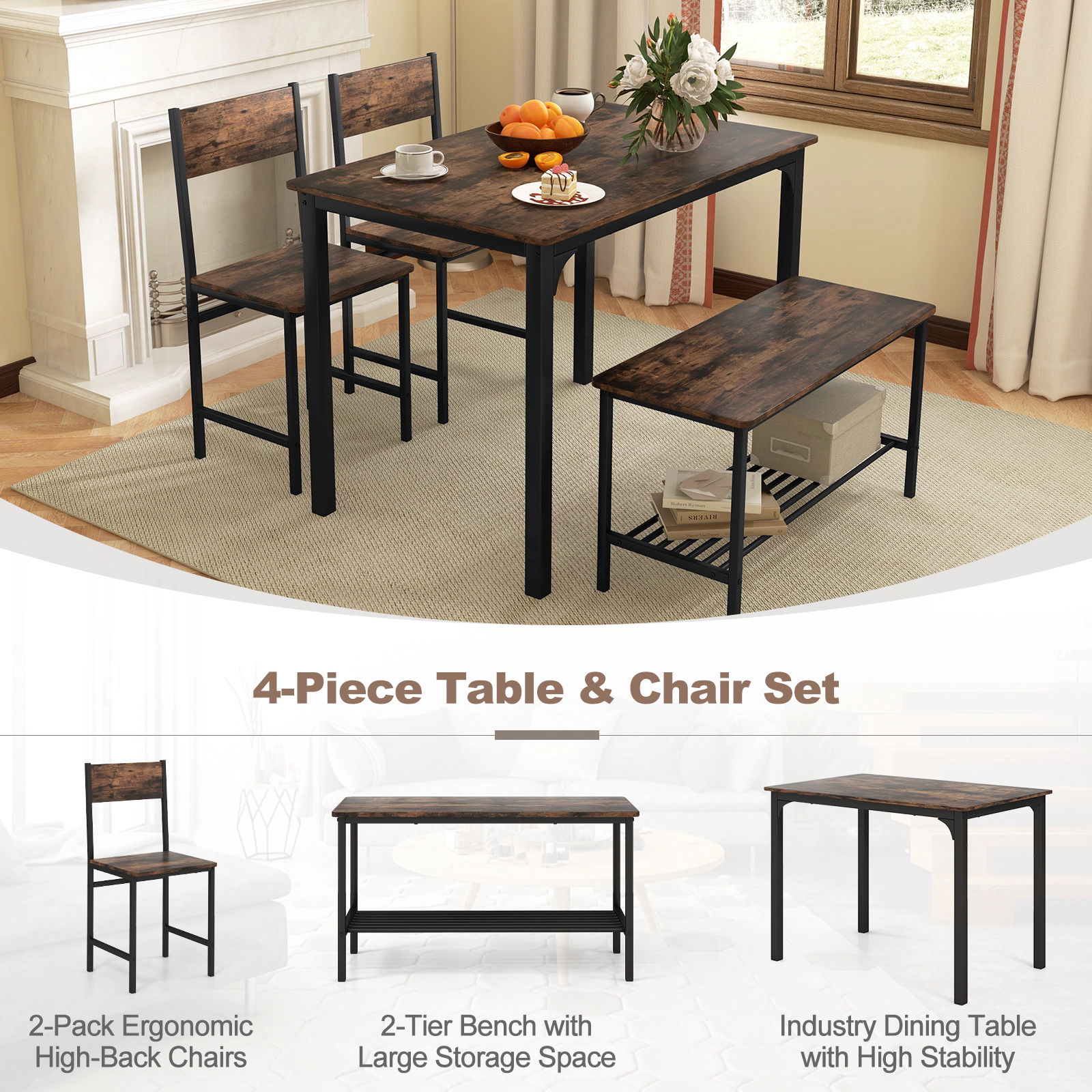 SUGIFT Rustic Brown 2 Chairs Storage Bench and Steel Frame 4-Piece Rustic Dining Table Set