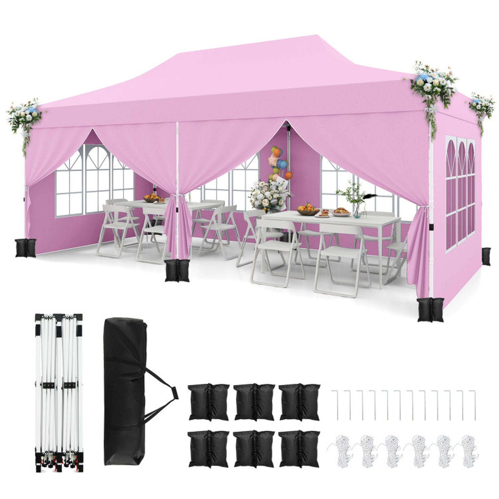 SUGIFT Pink 10-ft by 20-ft 3-Level UPF50+ 210D Oxford Pop Up Canopy Tent with 6 Sidewalls and Windows