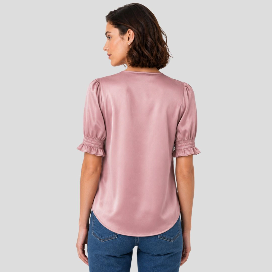 Artyska Women's Satin V-Neck Puff Sleeve Blouse