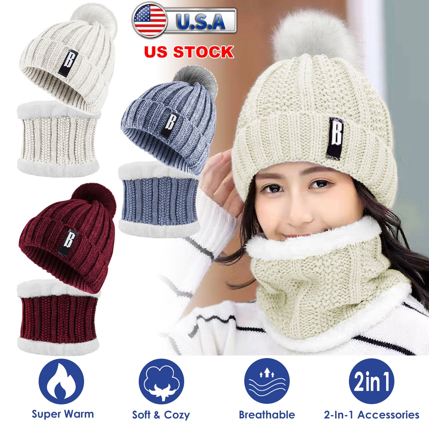 GBruno 2-in-1 Knit Beanie Hat And Scarf Set