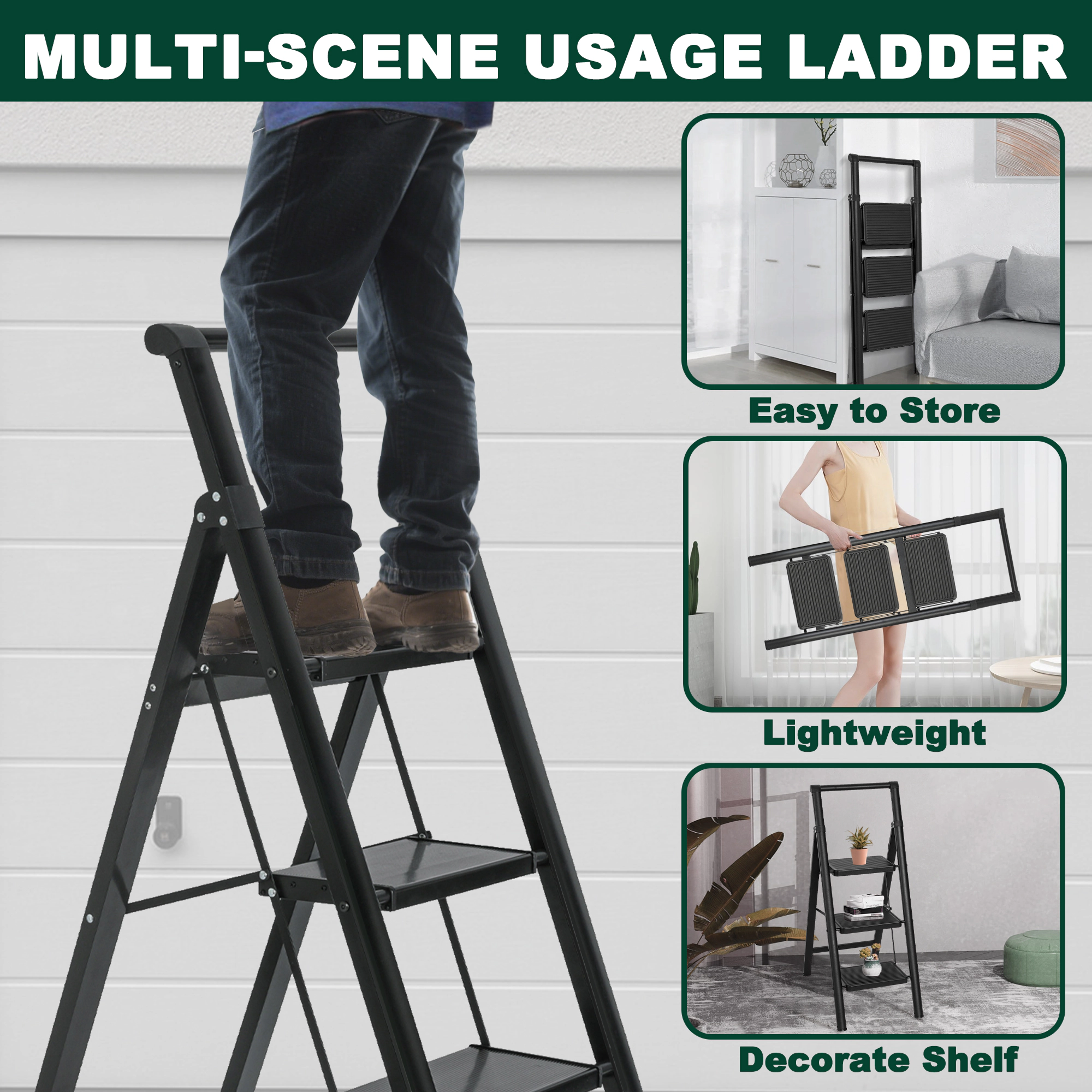 Flynama Step Ladder- 330lb Capacity Steel Foldable Step Stool