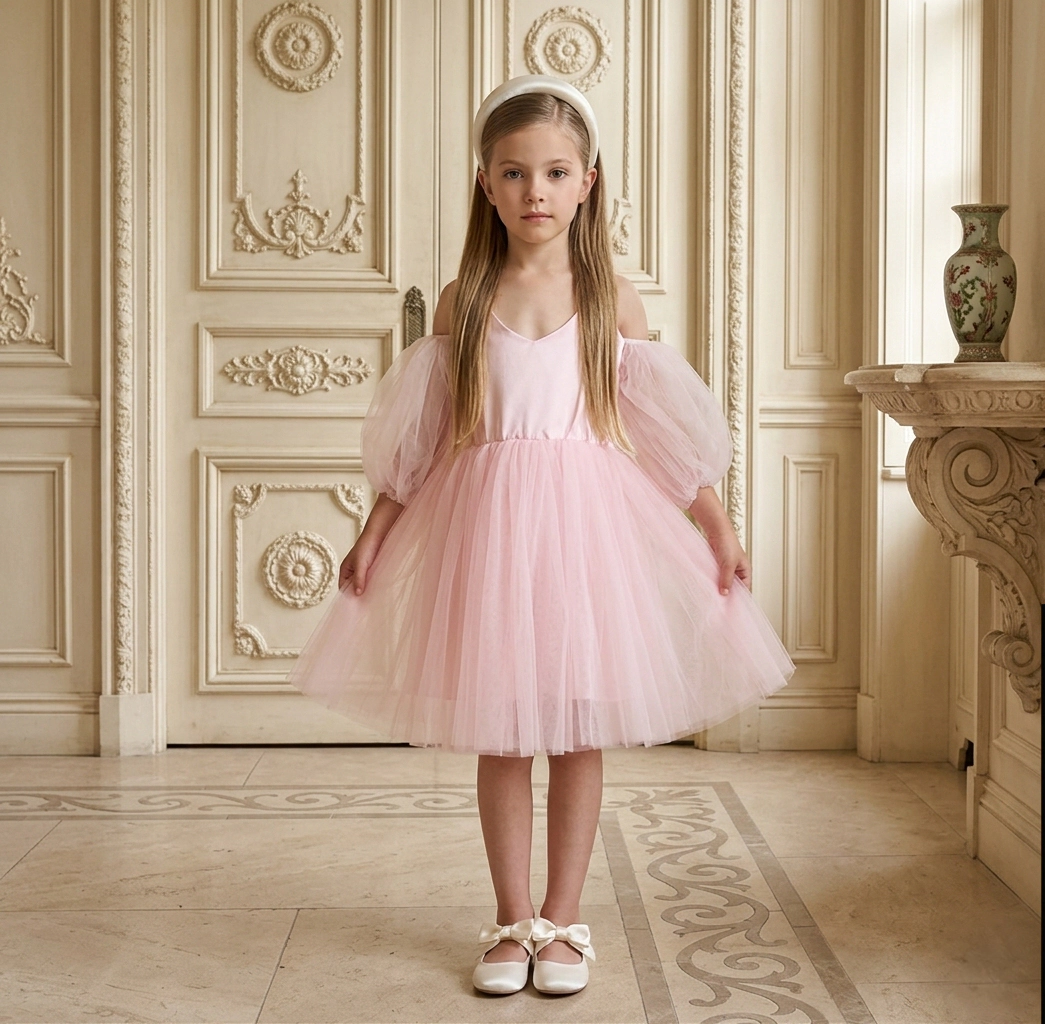 2Bunnies Girls' 3T-8Y Sheer Puff Sleeve Off-Shoulder Tulle Party Flower Girl Dress