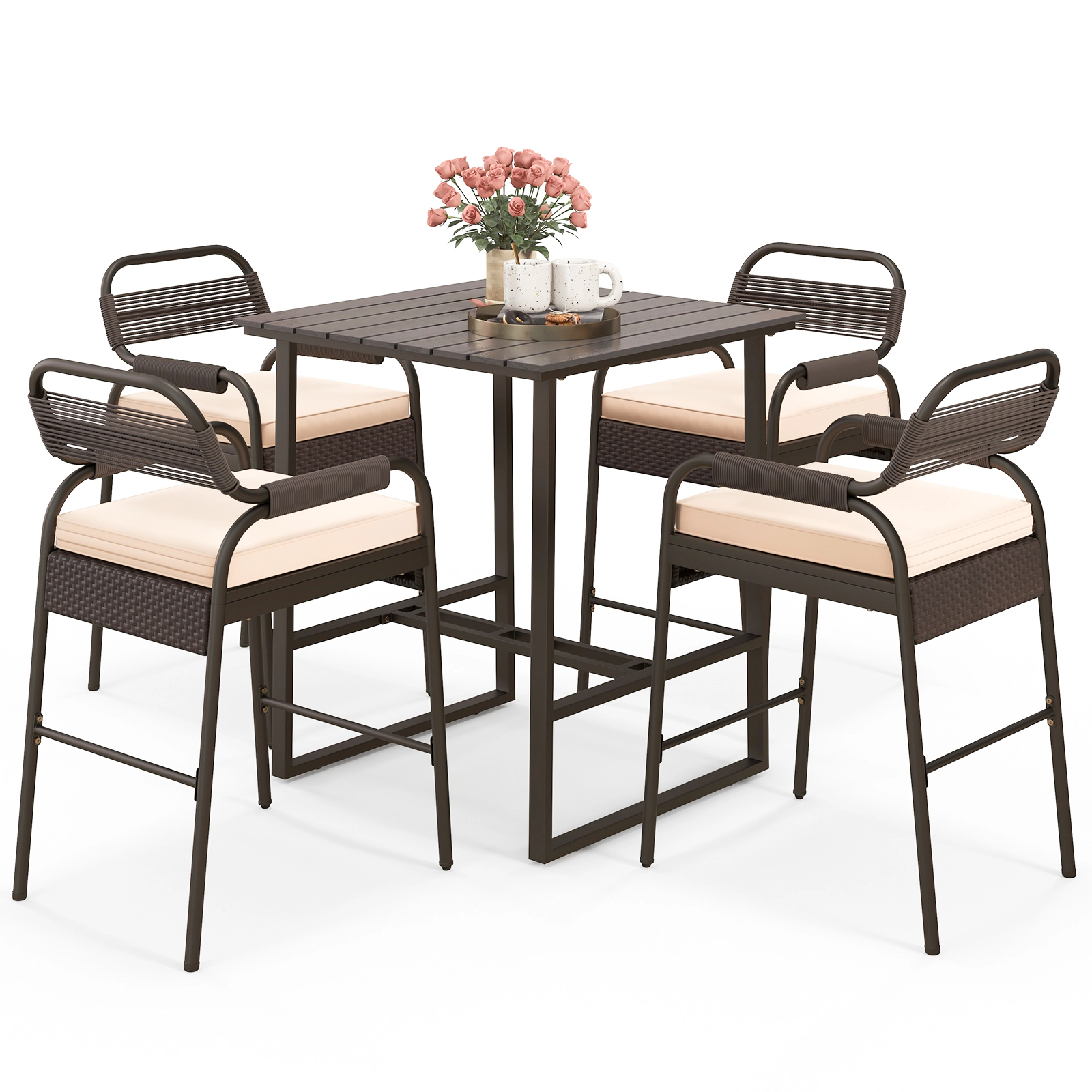 LJG 5 Piece Rattan Counter Set with 4 Stools and Polywood Bar Table