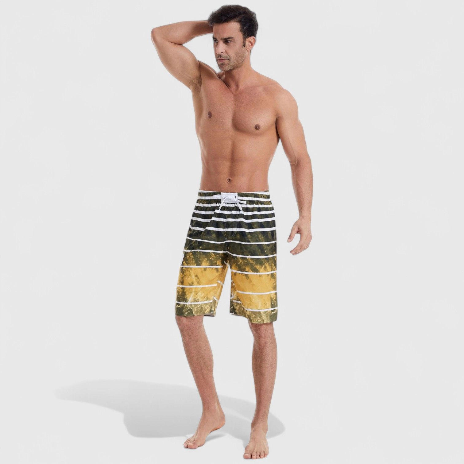 Anna-Kaci Men's Striped Ombre Board Shorts with Elastic Waistband and Drawstring Closure