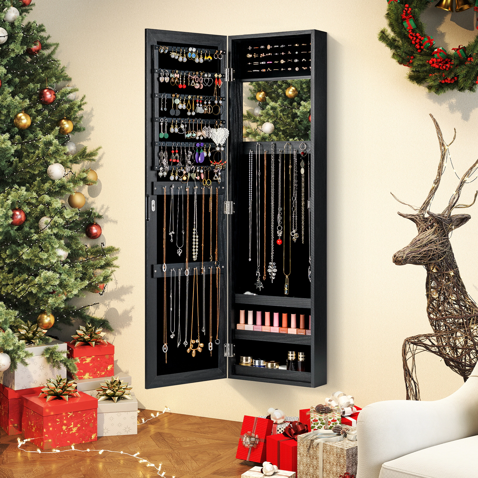SUGIFT Black Wall Mounted Jewelry Cabinet with Full-Length Mirror Over the Door Organizer and Ring Slots