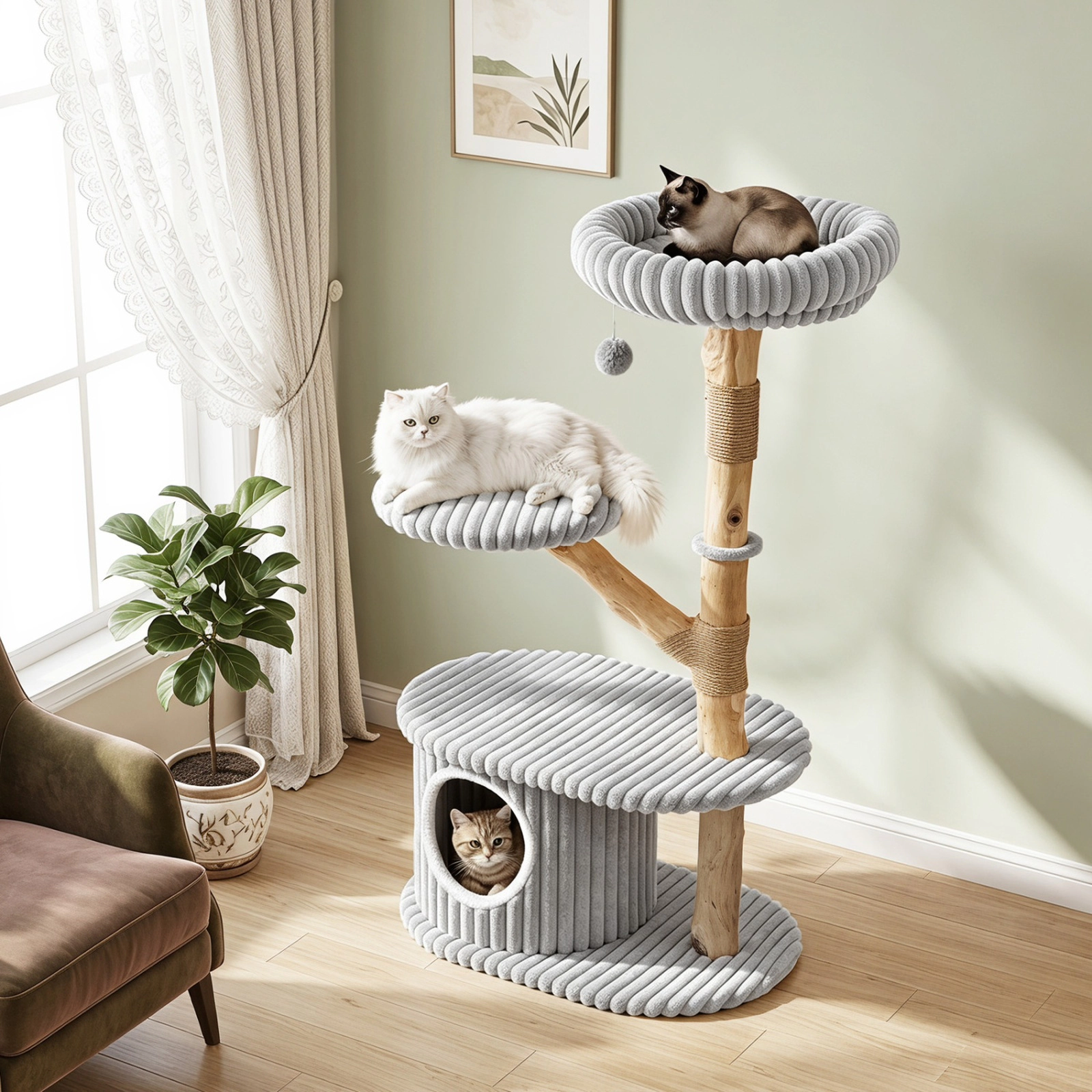 SUGIFT 41-in Tall Multi-level Modern Cat Tower with Real Pear Wood Branches Scratching Posts 22-lb Capacity Gray