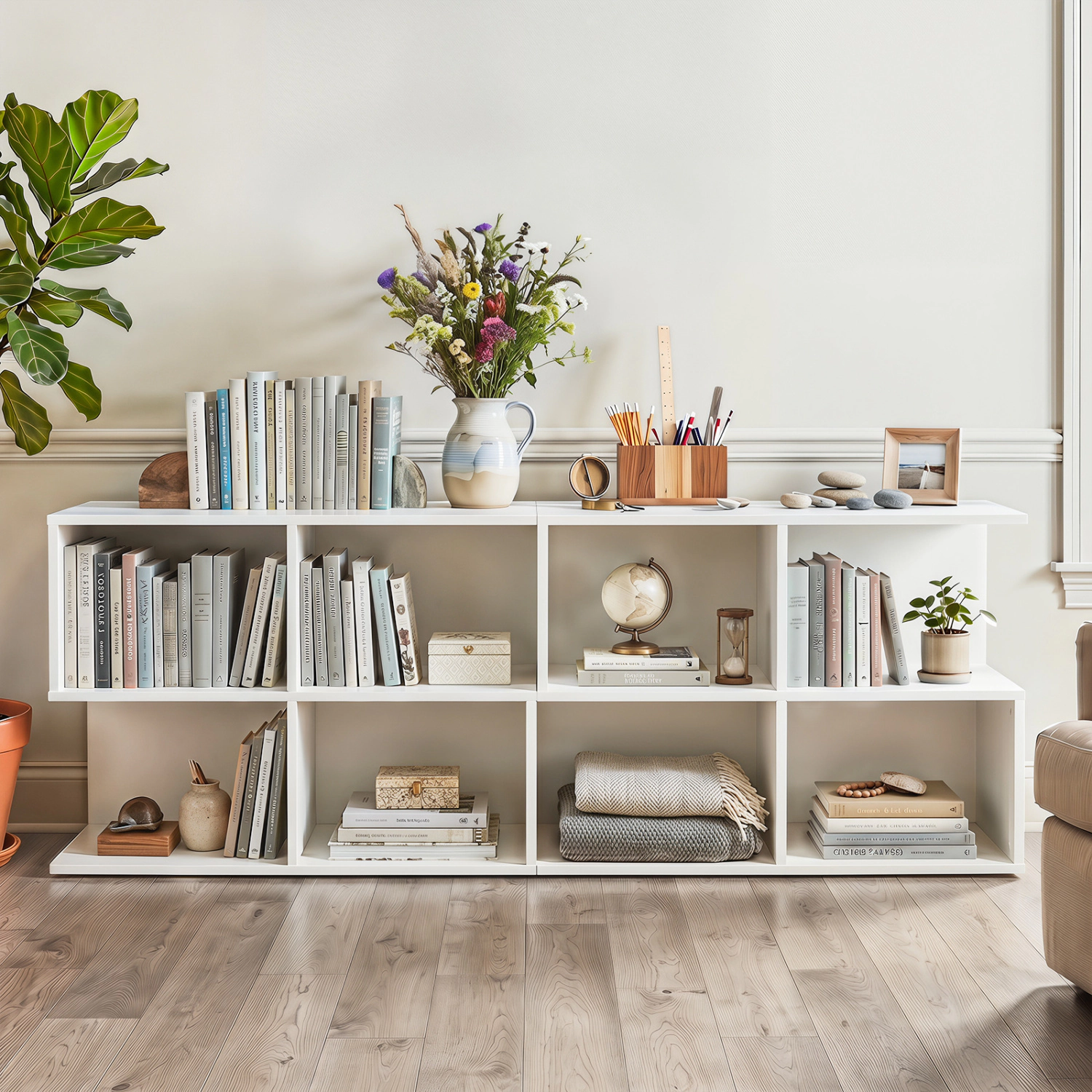 SlickBlue Modern S-Shaped Side Table with 4 Storage Compartments