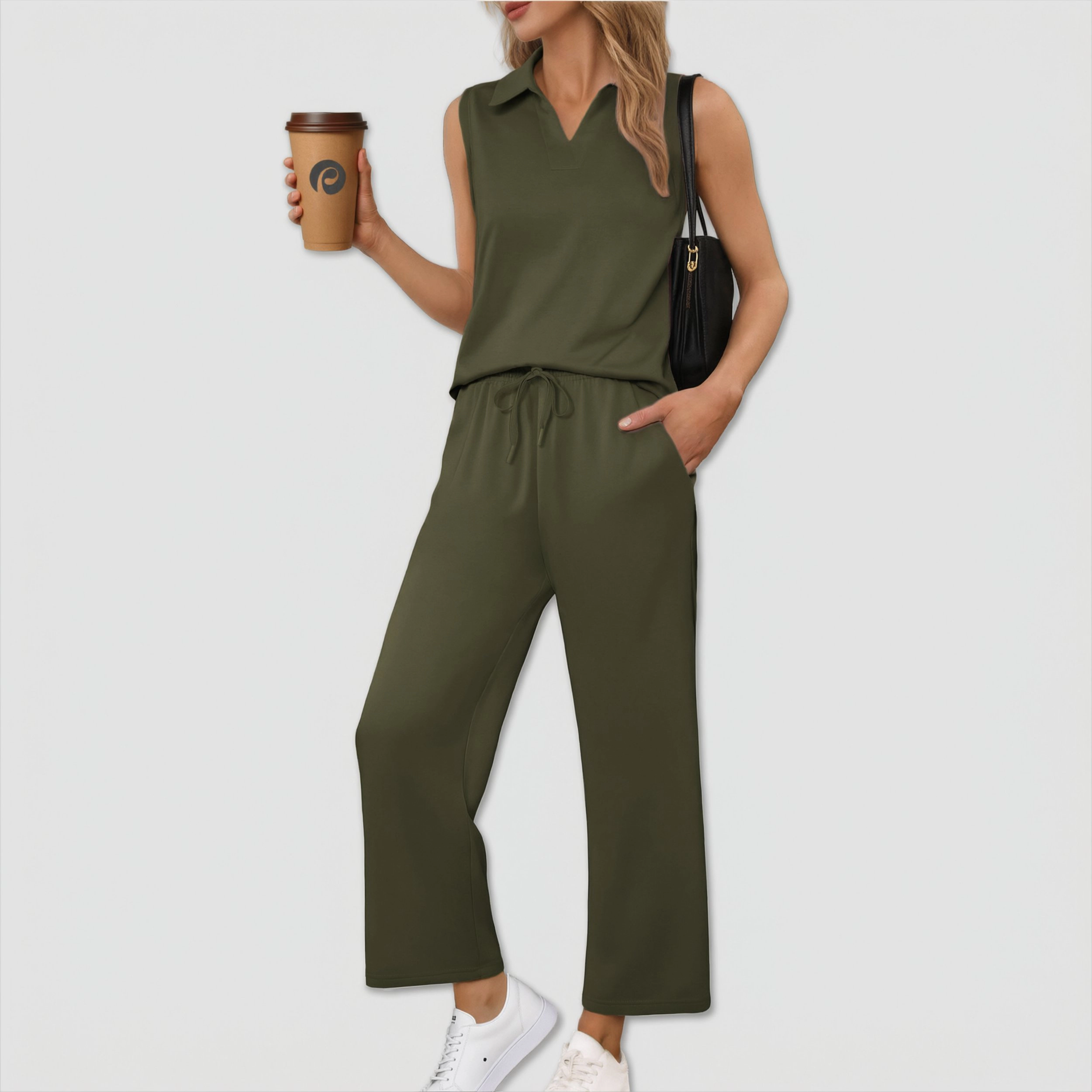 Pinspark Womens Sleeveless Polo V Neck Tops Wide Leg Pants 2 Piece Casual Lounge Sets