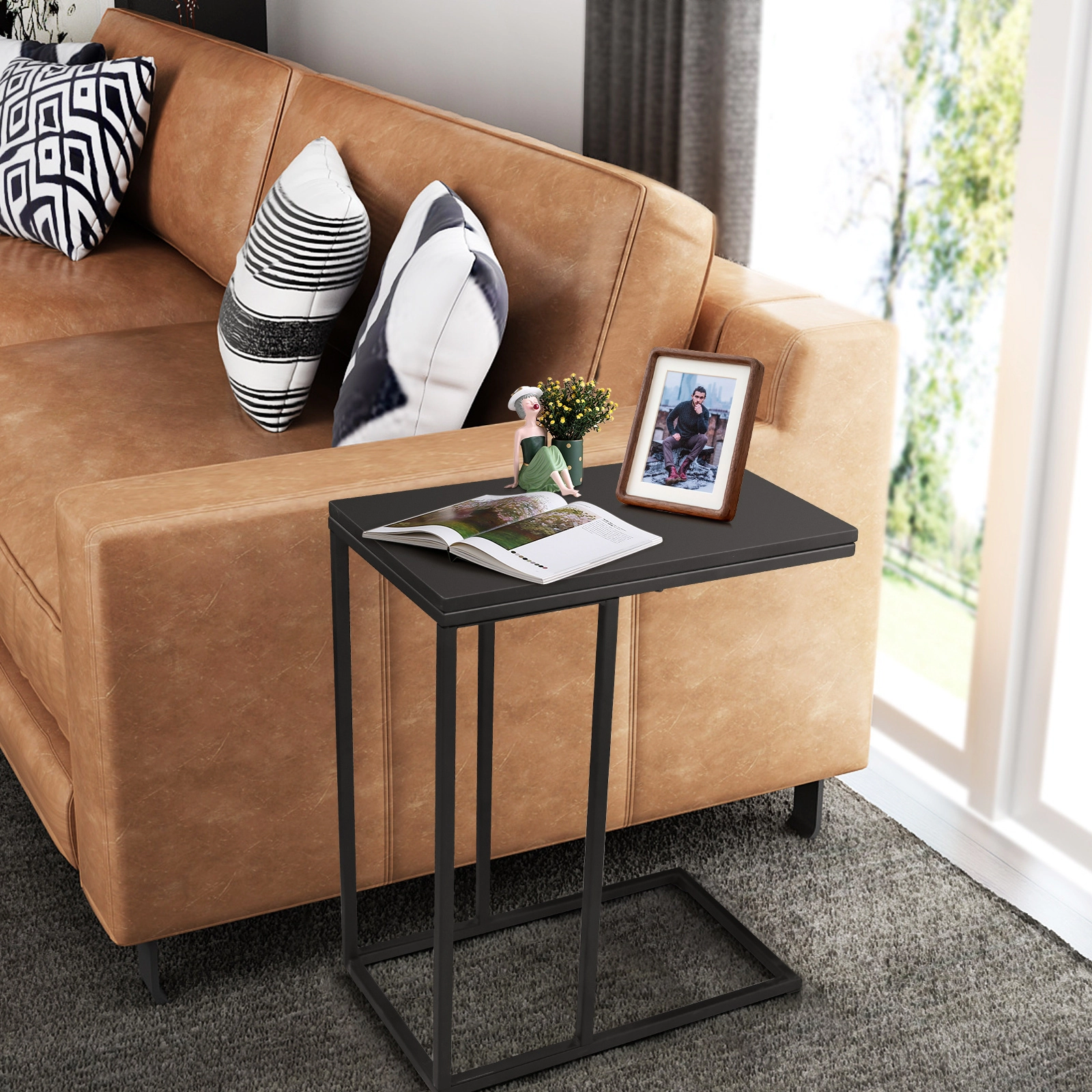 Glintex C-Shaped Sofa Side Table with Metal Legs and Slide-Under Base, Black