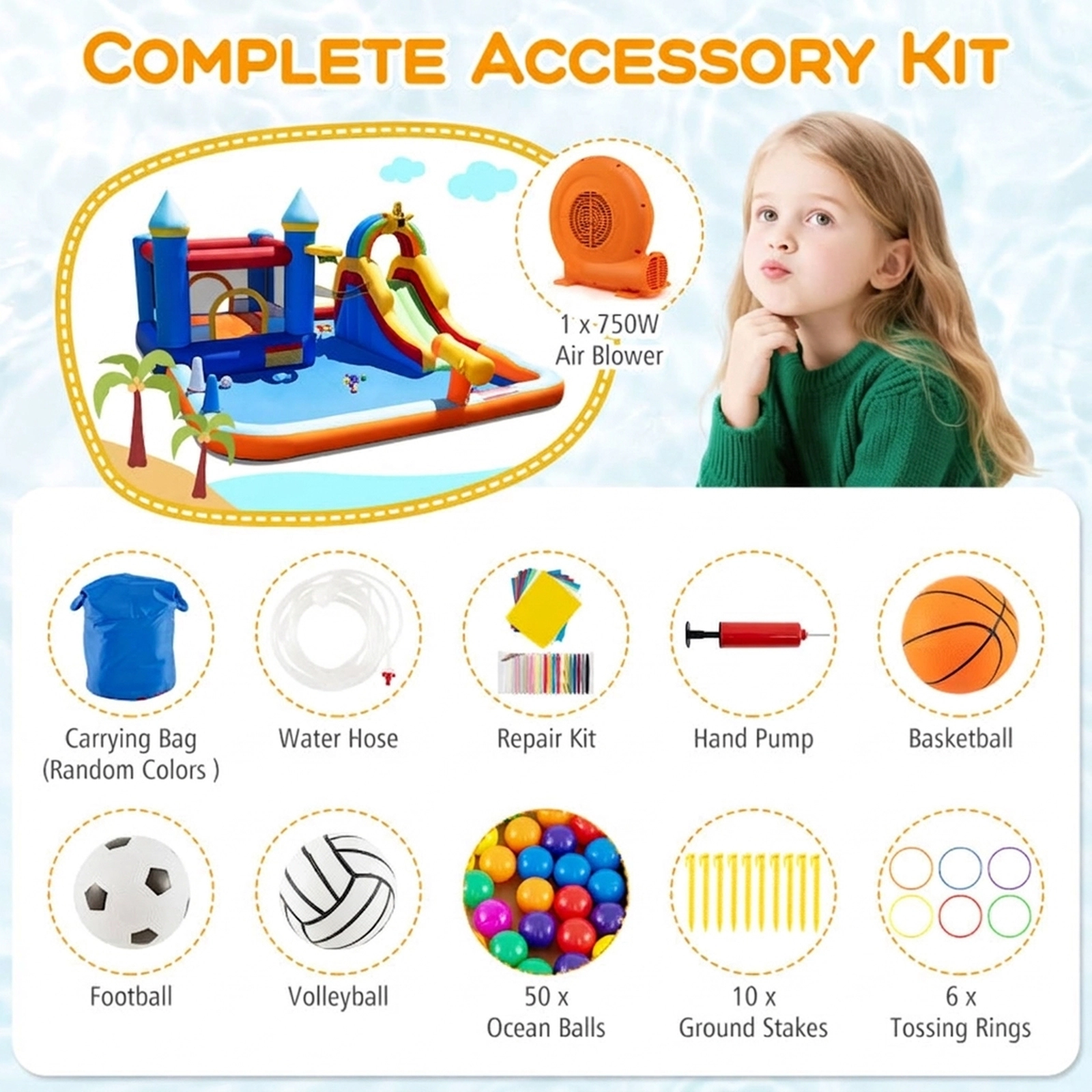SUGIFT Inflatable Water Slide Park Bouncy Castle with Climbing Wall 200-lb Capacity Ages 3-12 Colorful with 750W Blower
