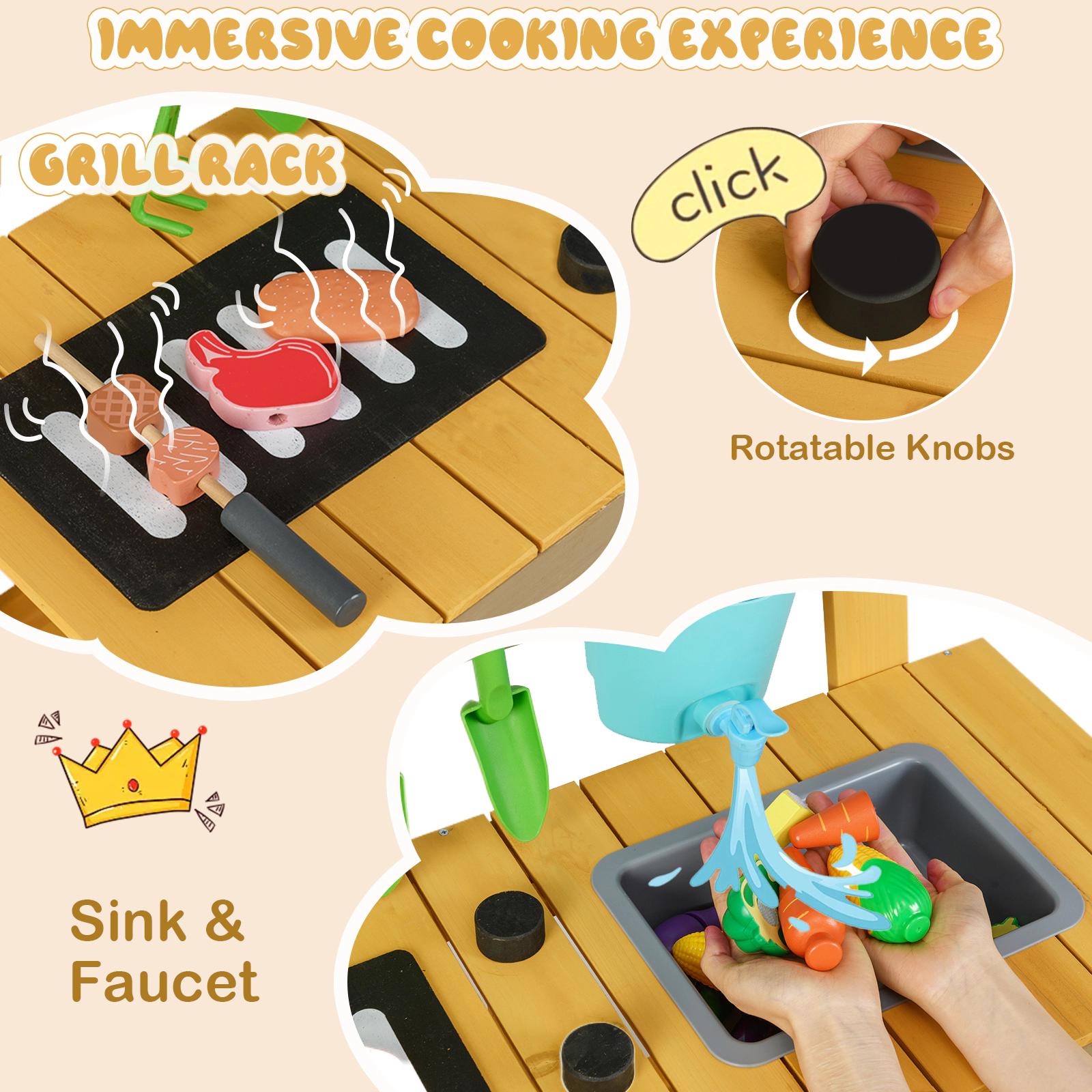 SUGIFT Outdoor Wooden Mud Kitchen Playset with Grill Rack Sink and Storage 30.5 x 14 x 37.5 in Ages 3-8 Natural