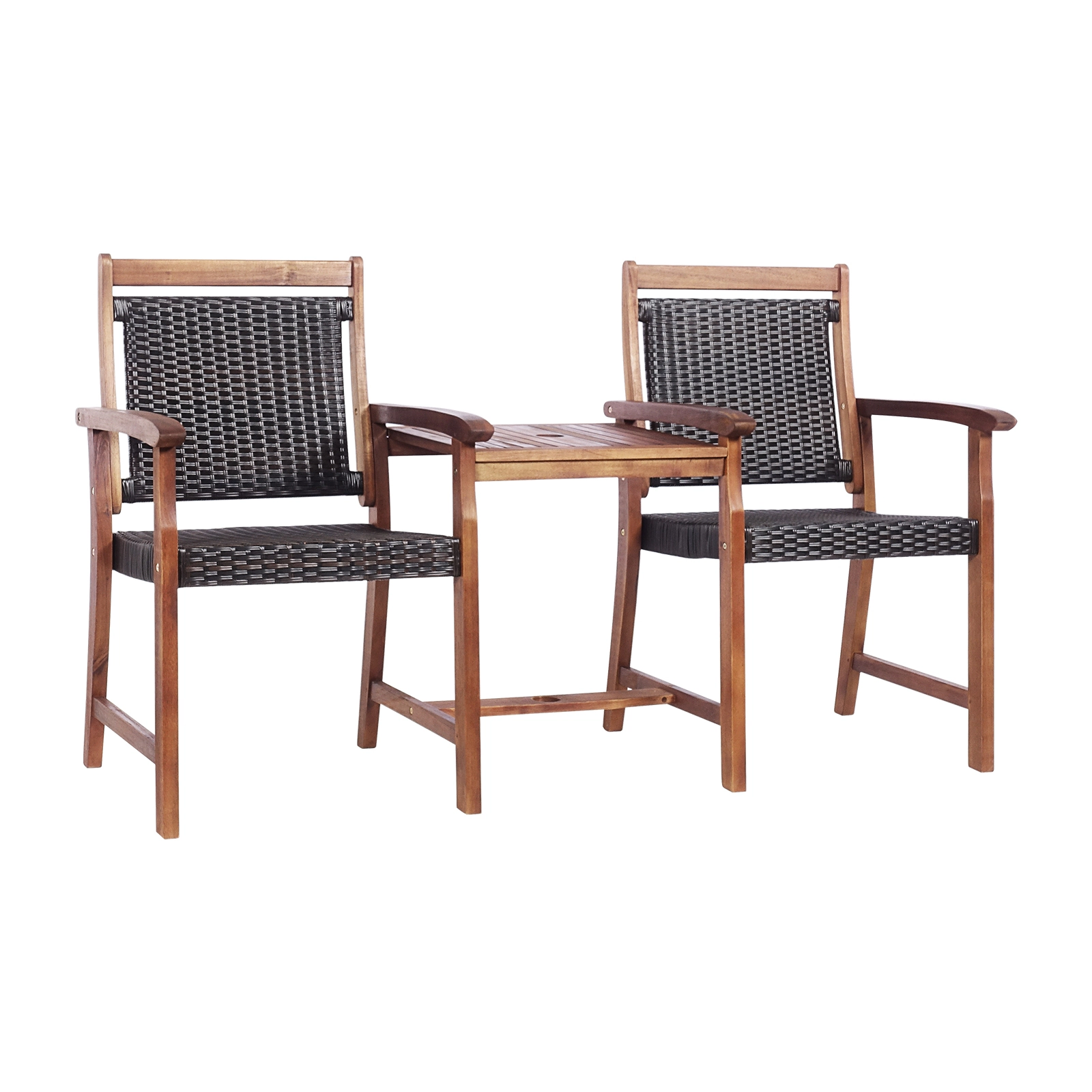 SUGIFT Reddish Brown 2-Seat Patio Bench with Center Table and Umbrella Hole