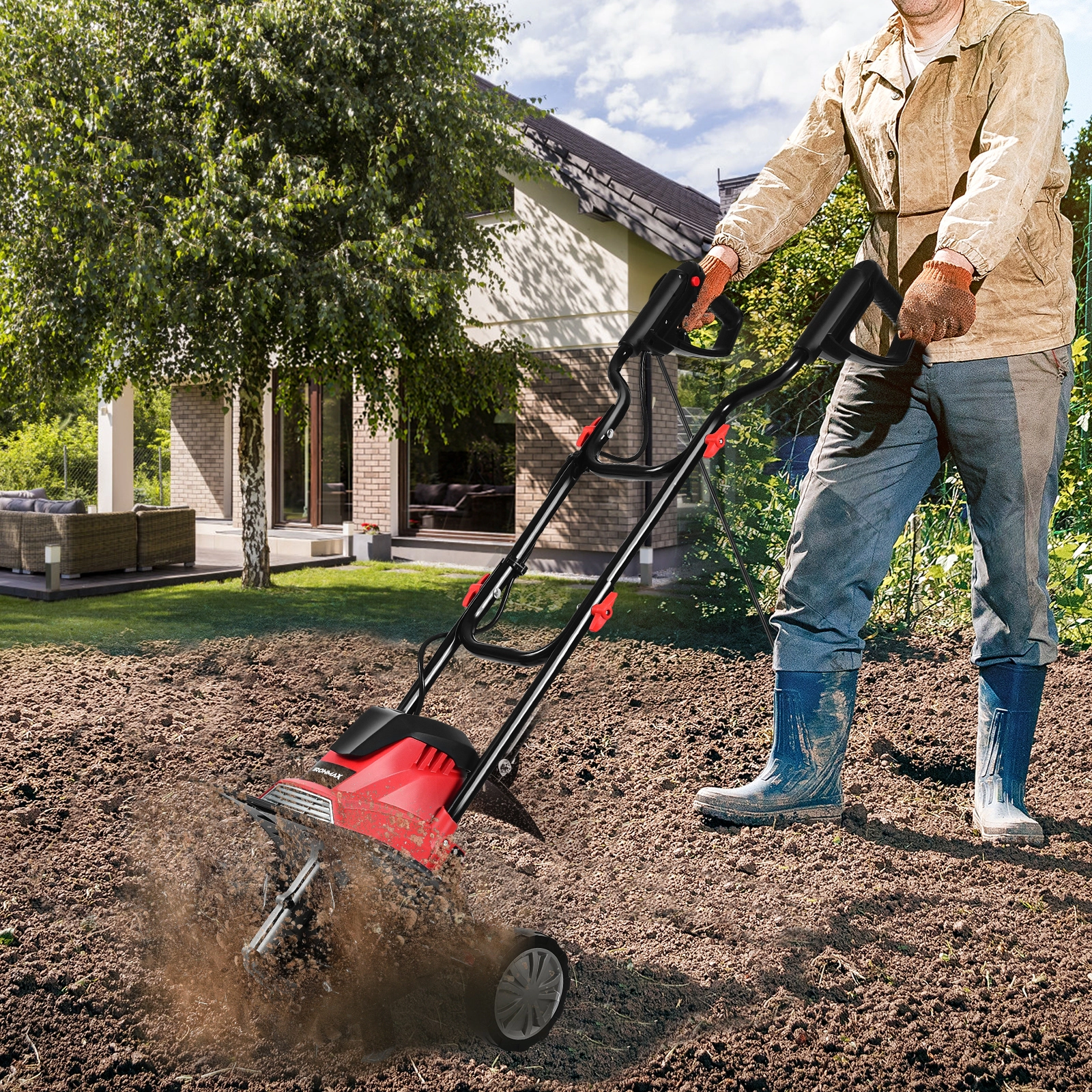 SUGIFT 14 in Corded Electric Tiller and Cultivator Red with 9 in Tilling Depth
