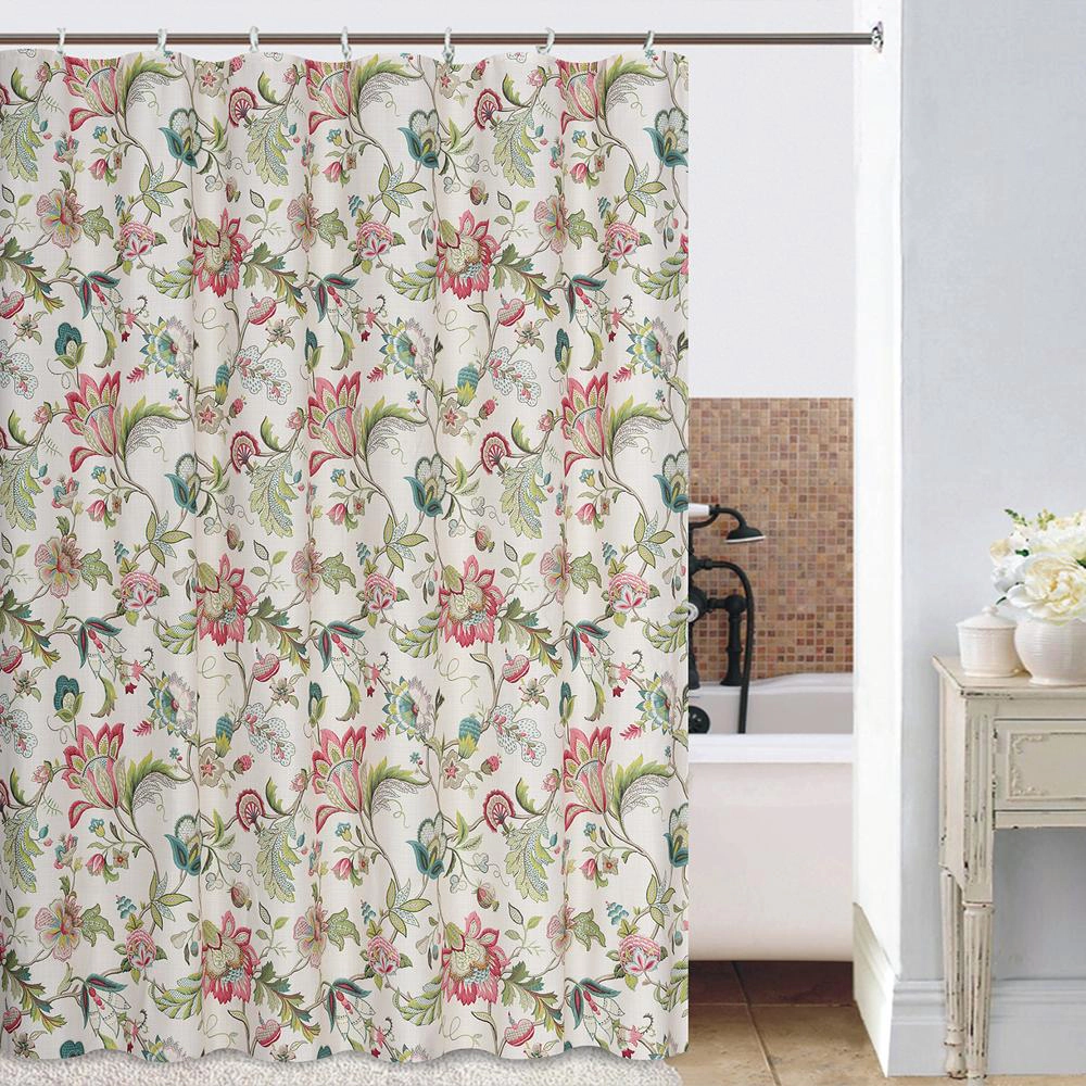 Ellis Curtain Brissac Floral Shower Curtain with Button Holes for Bathroom 70 x 72 Red