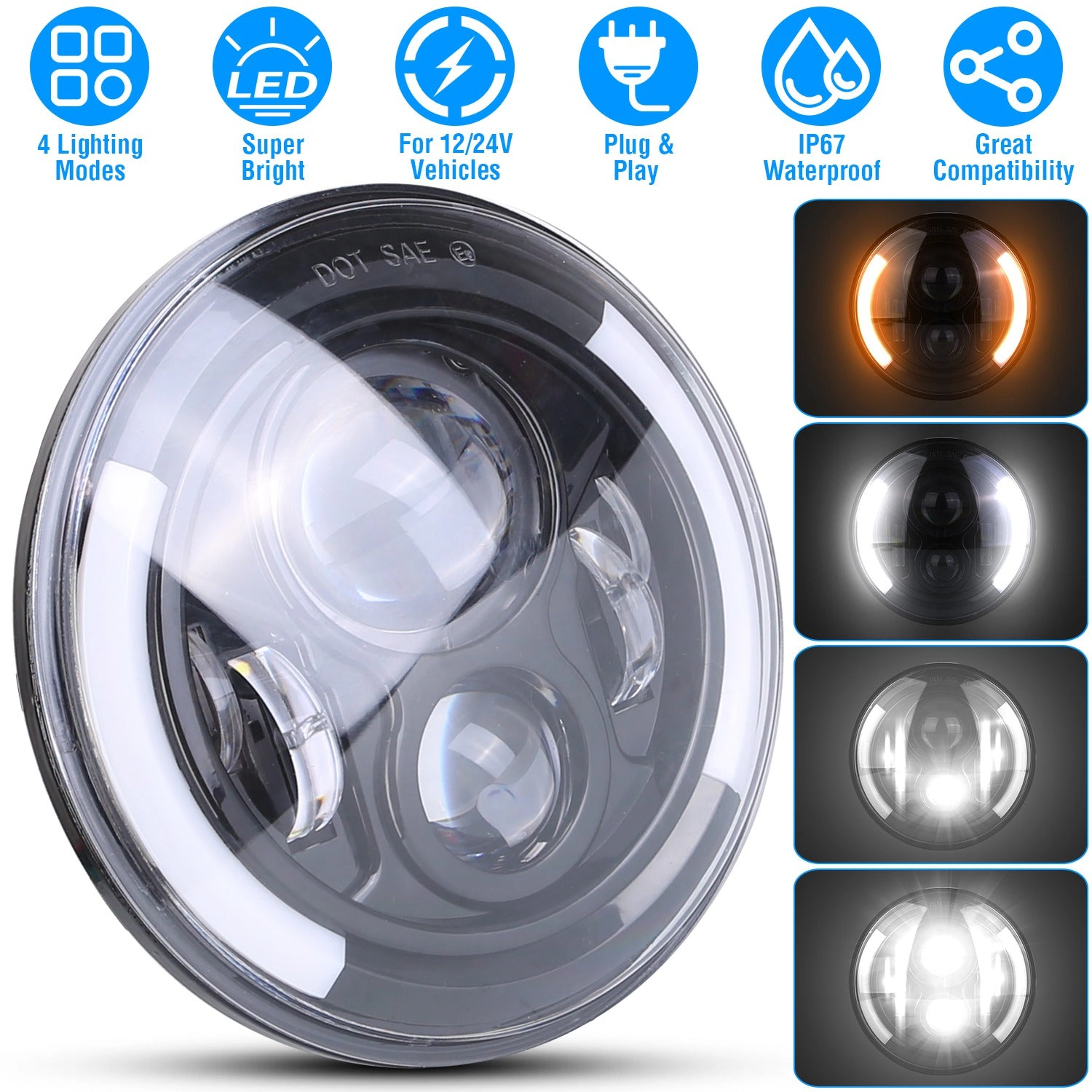 GBruno 7 In 40W Round LED Headlight With Halo DRL