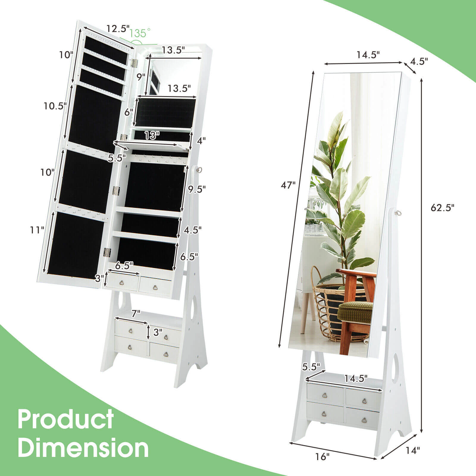 Glintex 6-Drawer LED Jewelry Armoire with Drop-Down Makeup Shelf and Triangular Feet, White