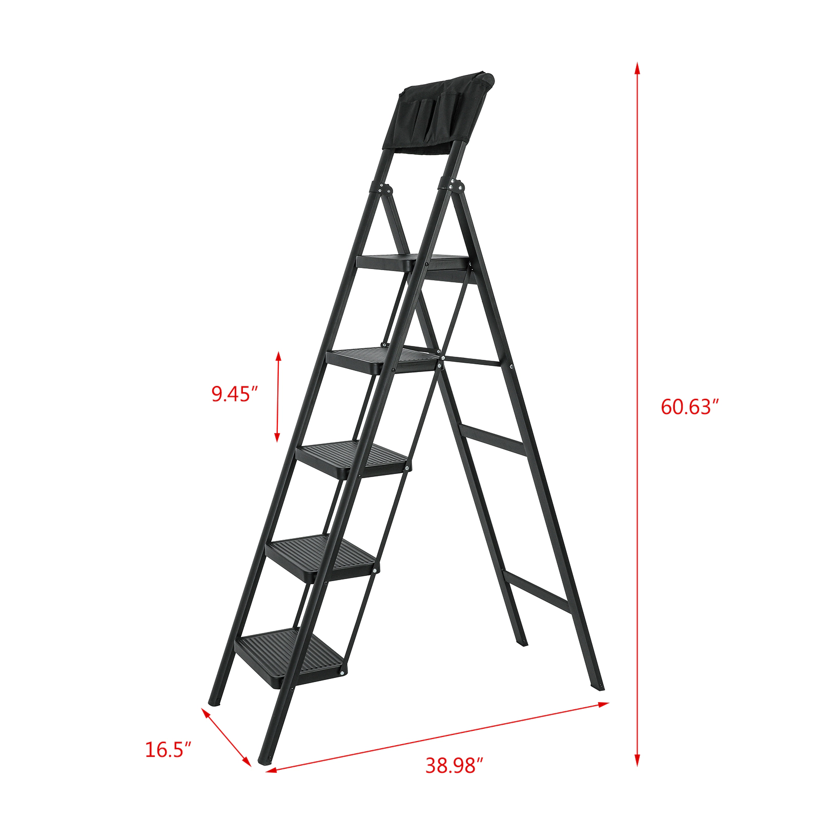 Flynama 5 Step Ladder- 330lb Capacity Steel Foldable Step Stool With Tool Bag (Black)