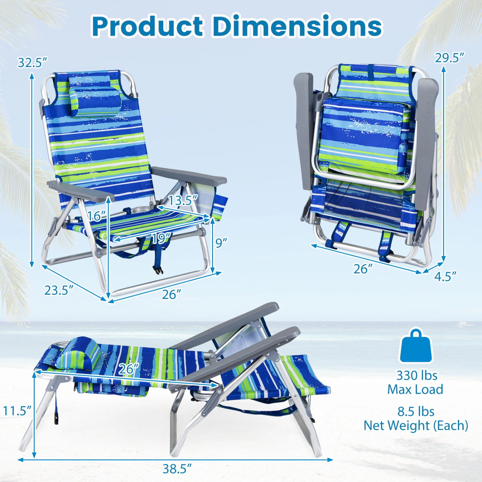SUGIFT 5-Position Folding Backpack Beach Recliner Chairs Set of 2 330-lb Capacity with Padded Headrest Blue and Green