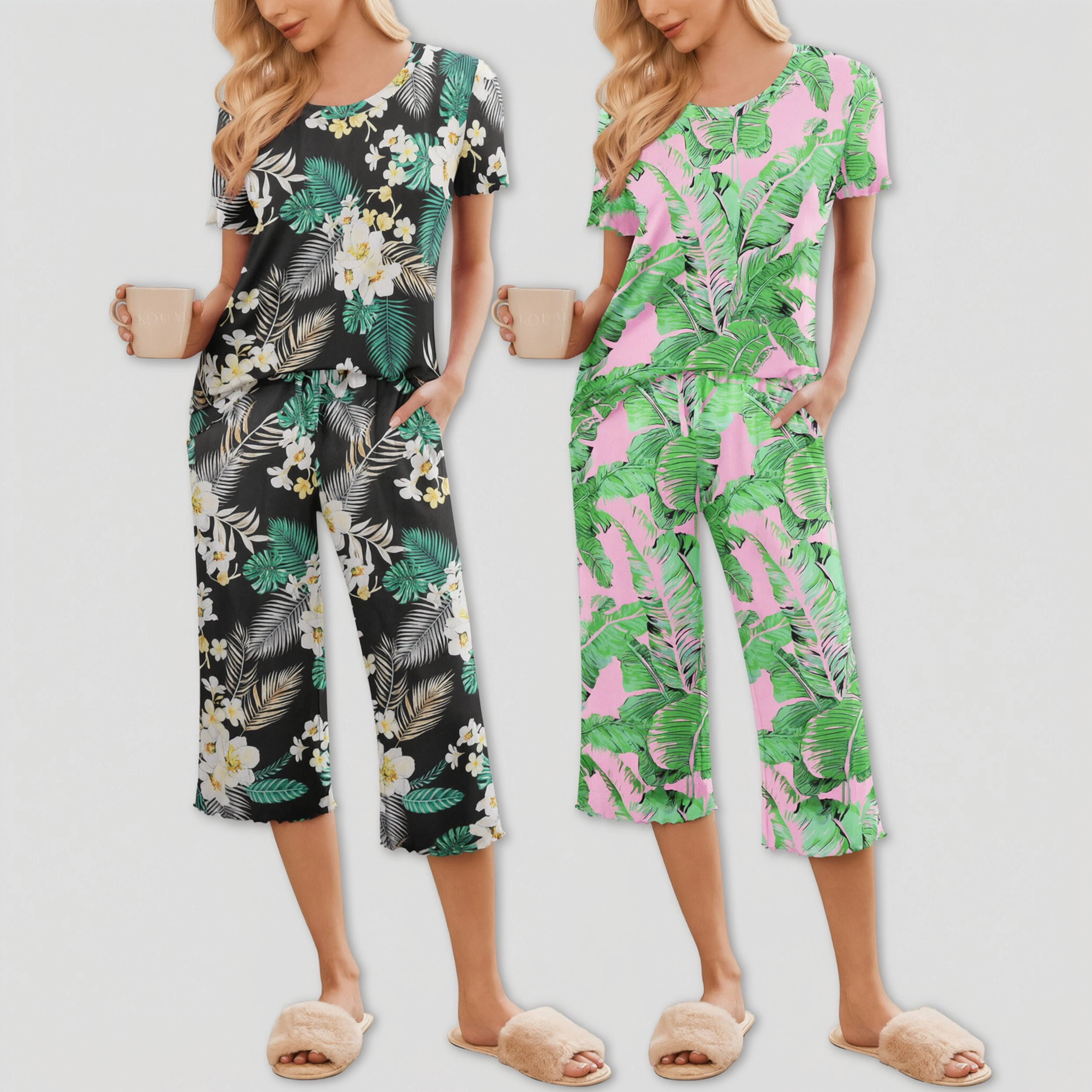 Ekouaer Women's Pajamas Set Short Sleeve Top and Capri Pants Sleepwear