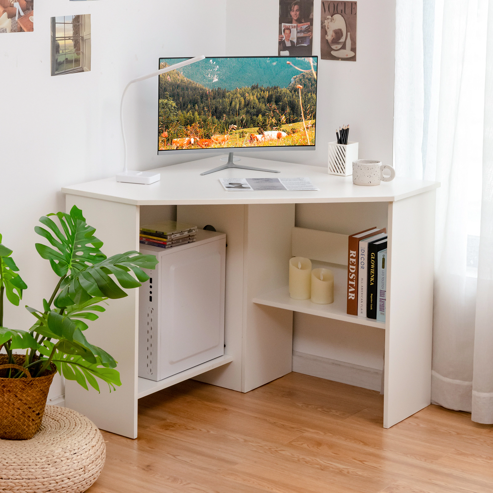 SUGIFT Triangle Corner Computer Desk Writing Workstation with Storage Shelf 200-lb Tabletop Capacity White