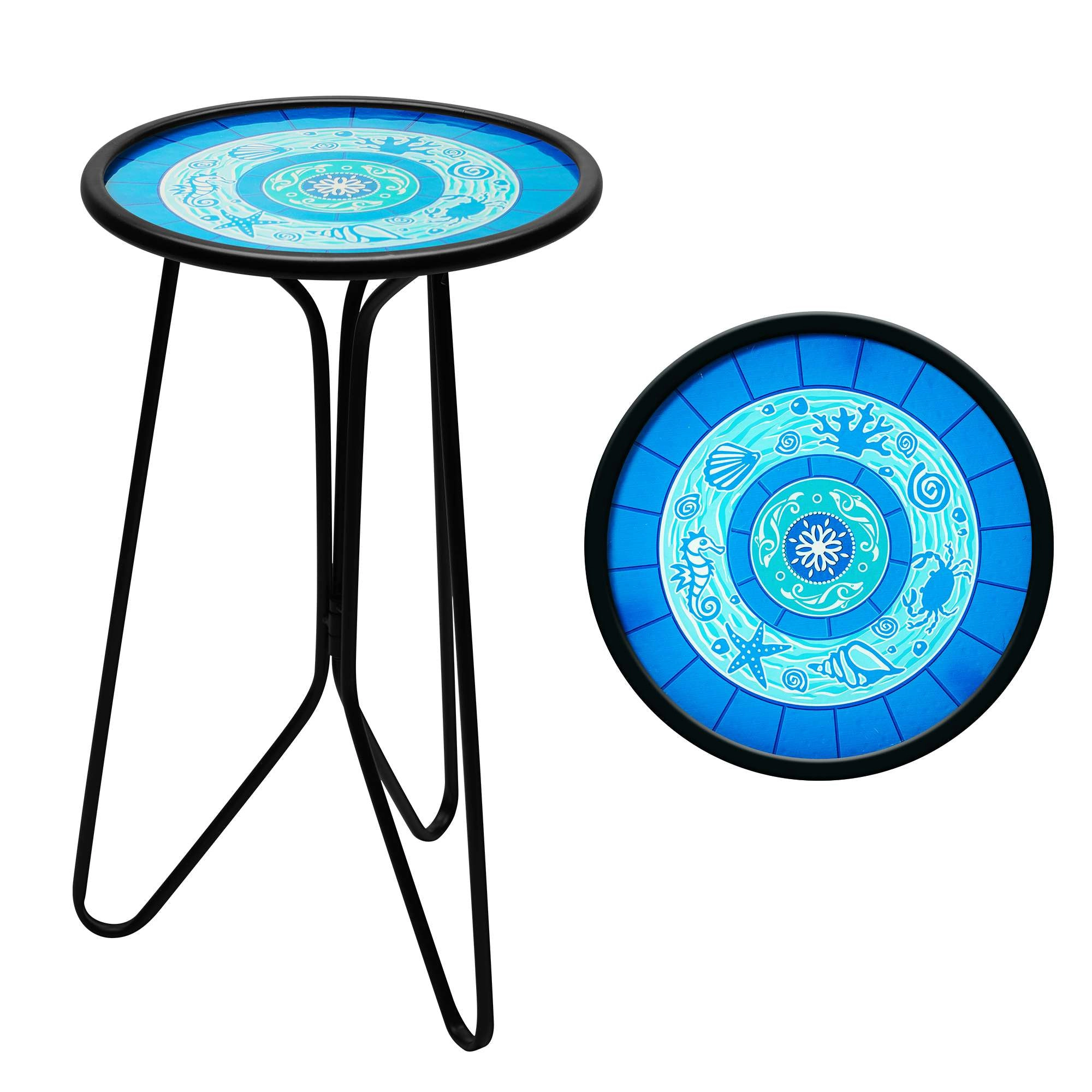 G128 12in Round Glass Outdoor Side Table Ocean Pattern - Foldable Anti-Rust Metal Patio Table