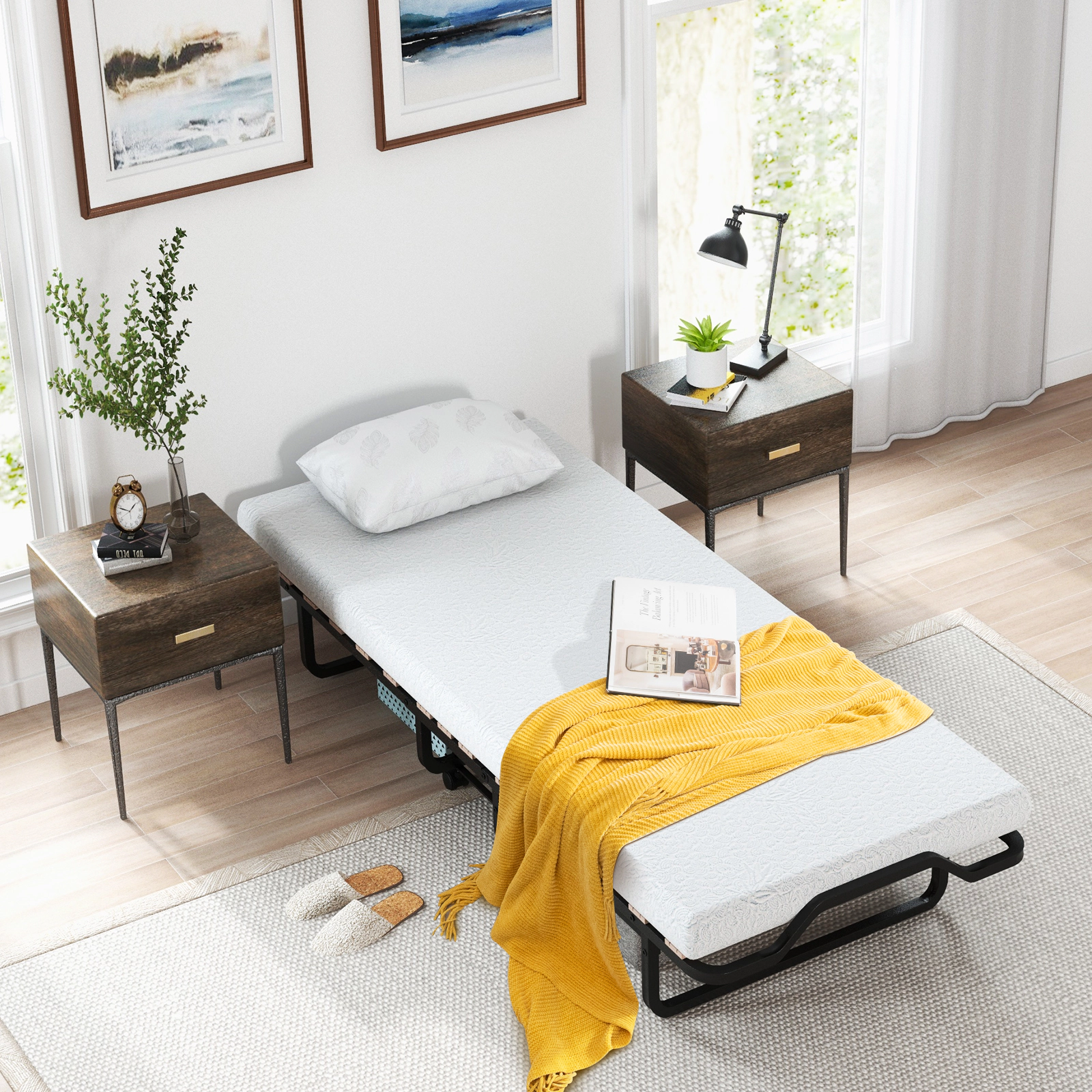 SUGIFT Twin Size Folding Bed with 4-in Foam Mattress and Lockable Wheels 490-lb Capacity Black and White