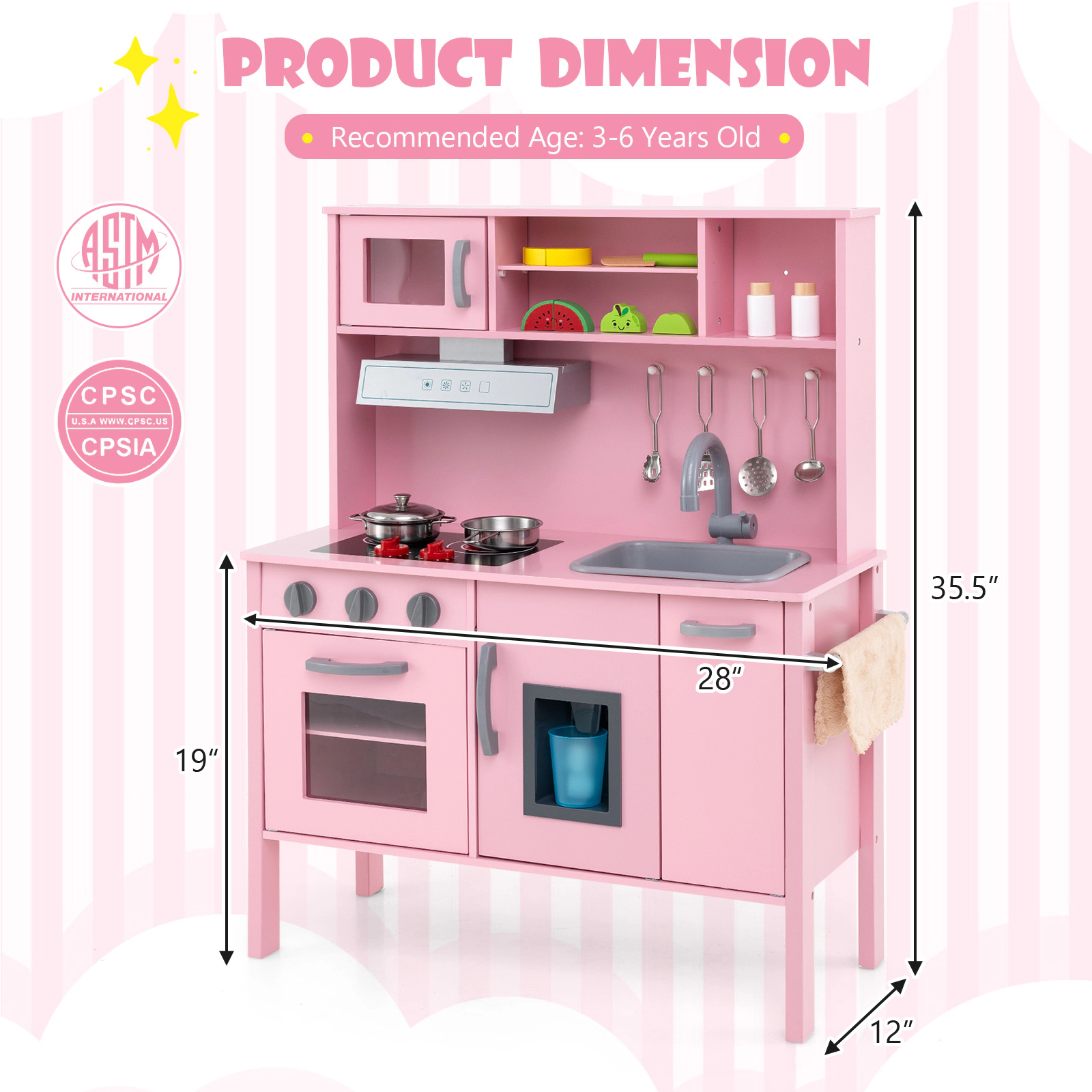 SUGIFT 28-in Pink Wooden Kids Kitchen Playset with Removable Sink Oven and Ice Maker 35.5-in H Ages 3-6