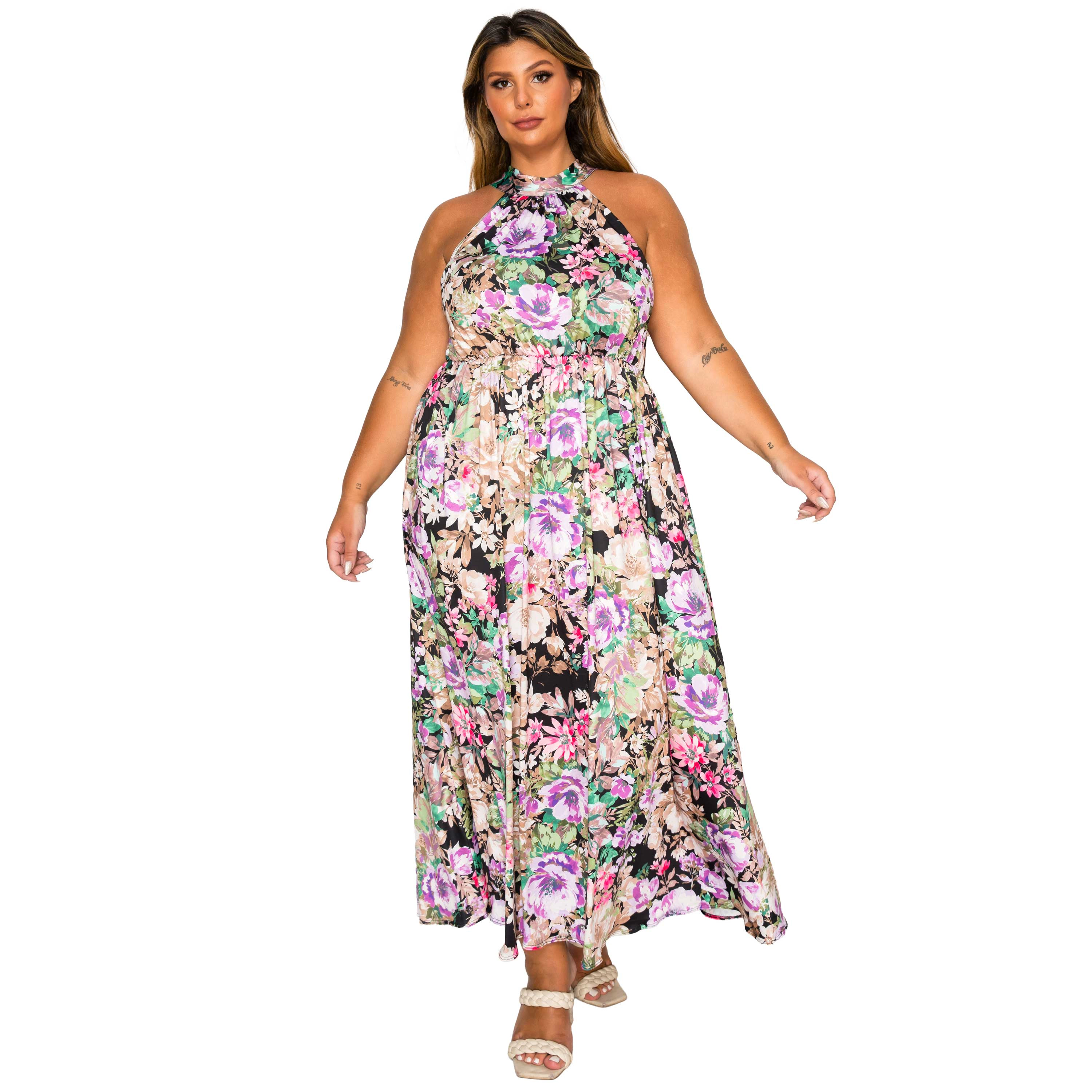 L I V D Women's Plus Bryony Floral Halter Neck Dress