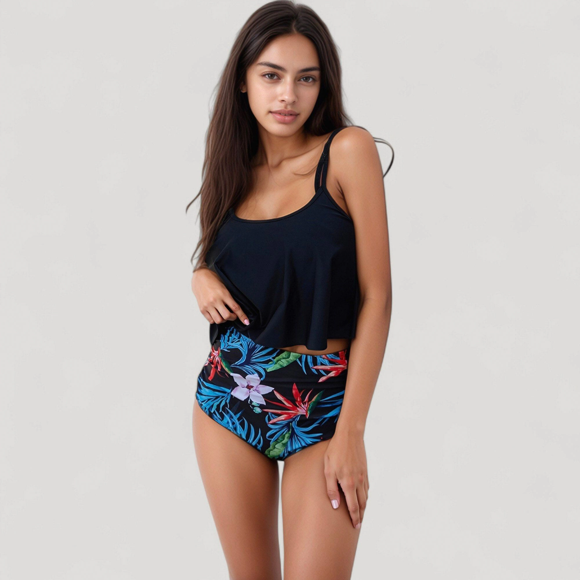 Anna-Kaci Women's Tankini Swimsuit with Loose Flowy Top and Tropical High Waist Bottom