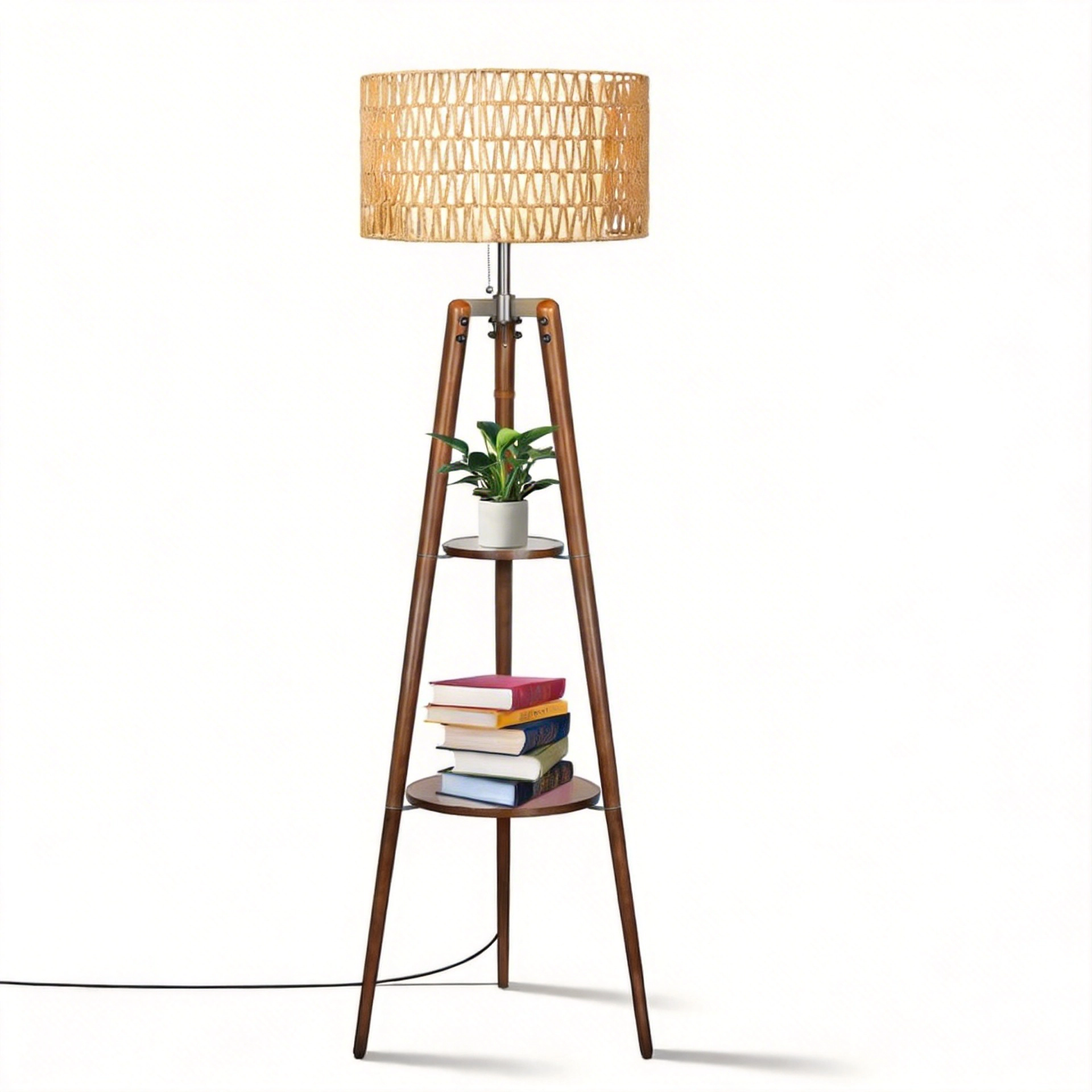 Mega Casa 61'' Tall Tripod Floor Lamp with 2-Tier Shelves, Standing Light with Rattan Shade, Corner Shelf Lamp