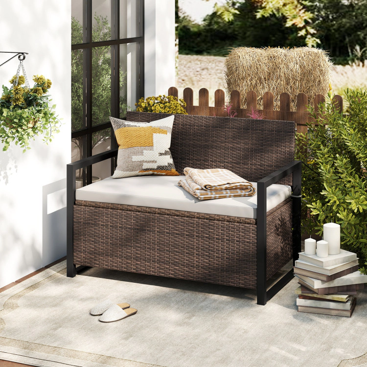 SUGIFT 2-Seat 40-Gallon Off White Cushion PE Rattan Storage Bench 46-in x 24.5-in x 33.5-in 800-lb Capacity Brown