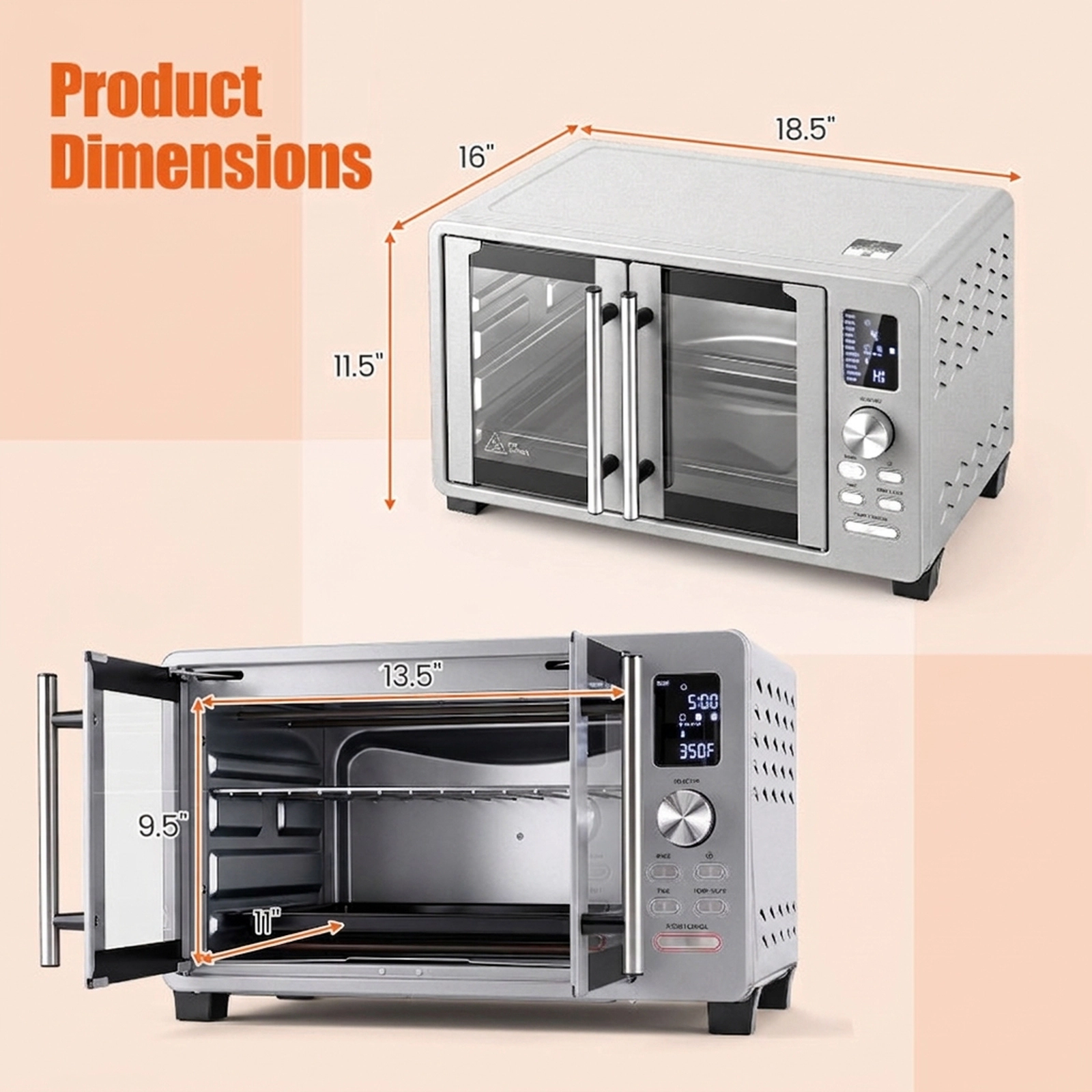 SUGIFT Silver French Door Convection Toaster Oven with Air Fry and 11 Presets 26.4-Quart 18.5-in W 16-in D