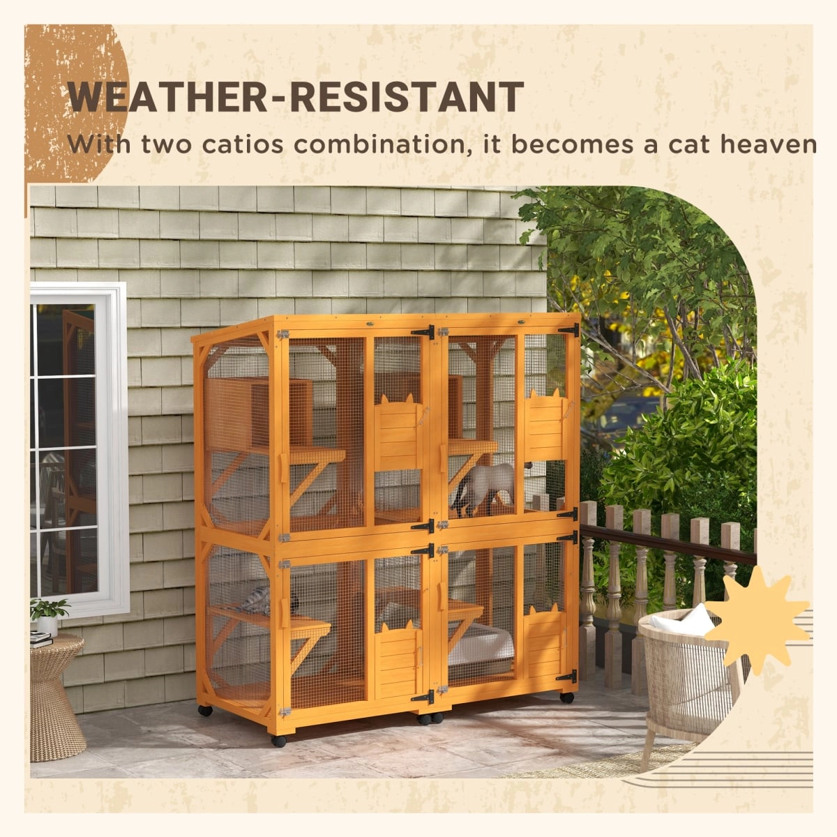 212 Main Paw Hut Wooden Cat House for 1-3 Cats Catio Enclosure on Wheels - Orange