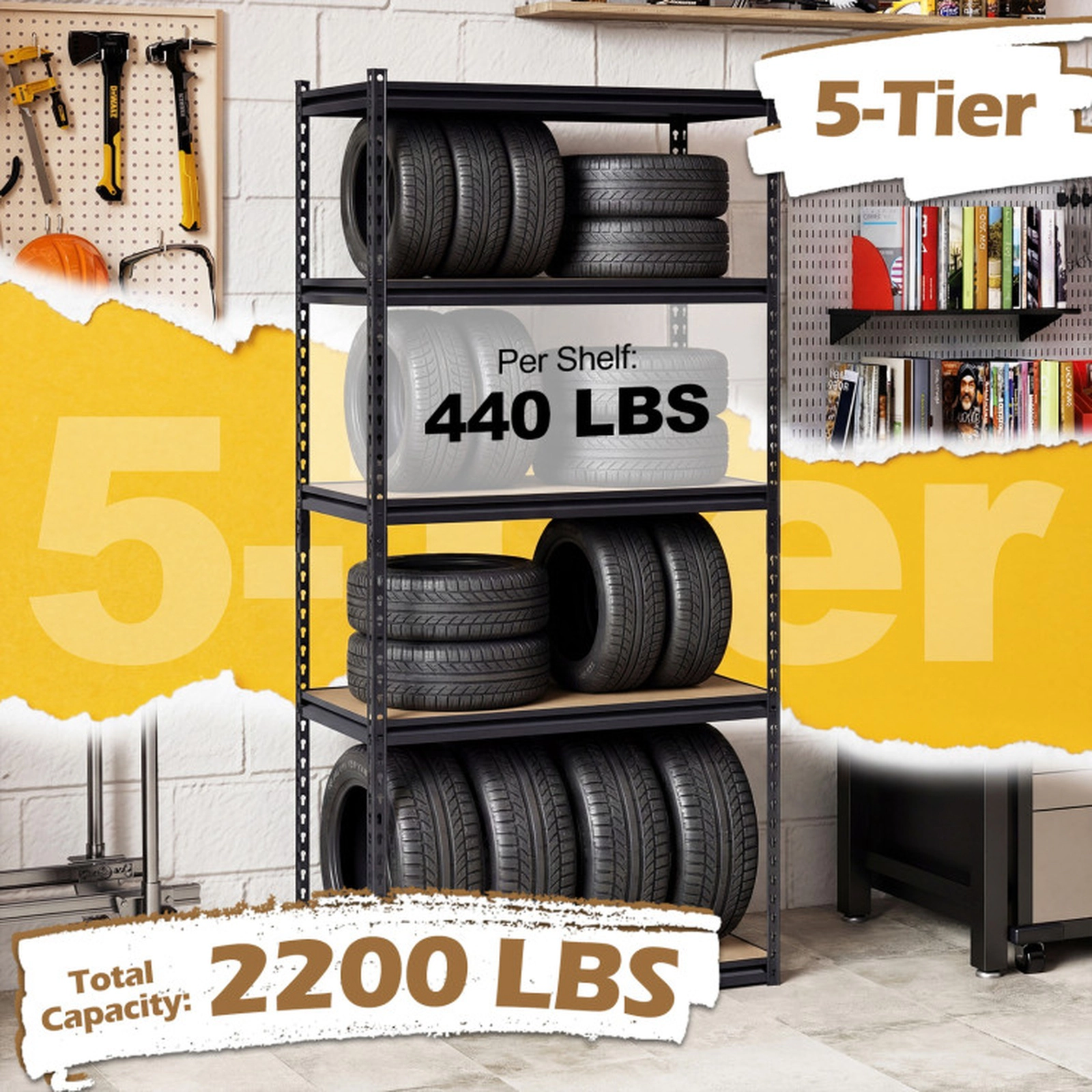SUGIFT 5-Tier Metal Garage Shelving Unit Adjustable Storage Rack 440-lb Per Shelf 2200-lb Capacity Set of 2 Black