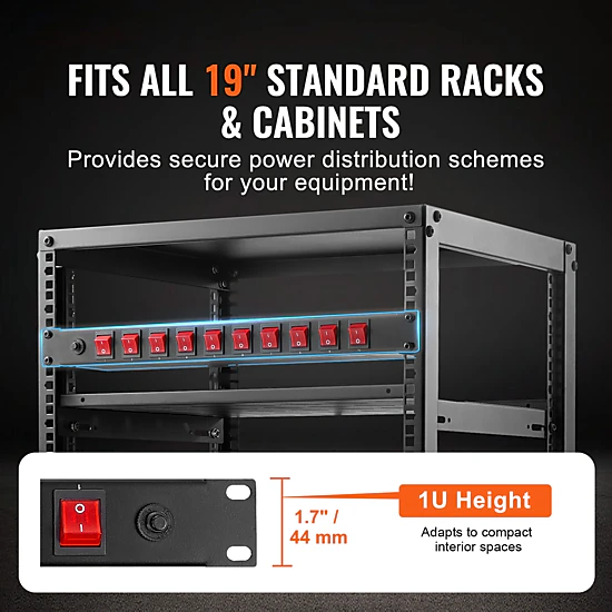 HONGGE 1U PDU, Rack Mount Power Strip Fits Standard 19 Server Racks, with Switch Surge Protection & Overload Protection