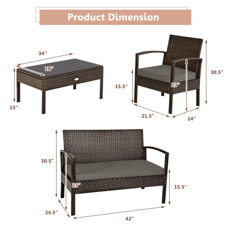 Hivvago 4 Pieces Patio Rattan Cushioned Furniture Set With Loveseat And Table