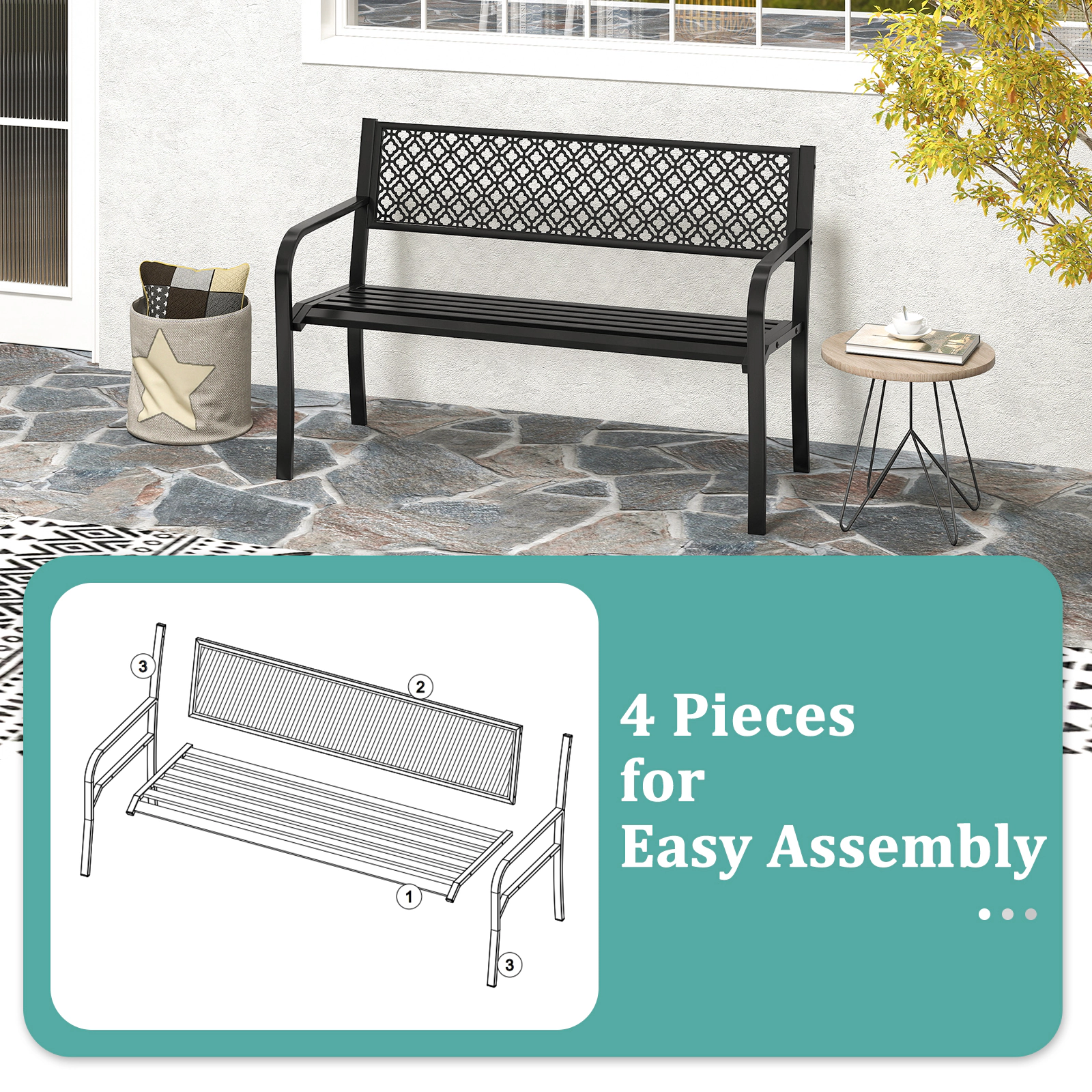 SUGIFT 50-in Outdoor Metal Garden Bench with Geometric Lattice Backrest and Slatted Seat 790-lb Capacity Black