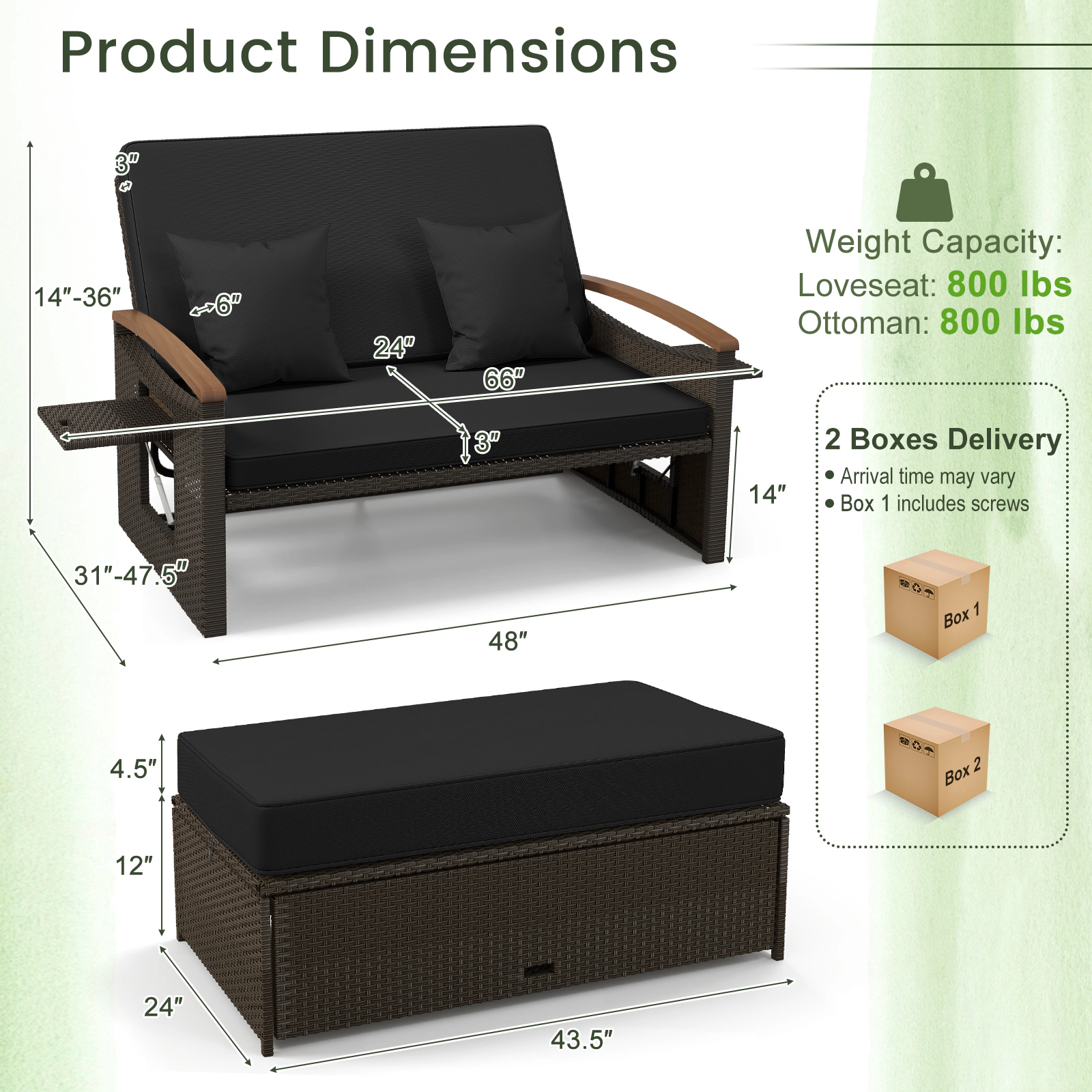 SUGIFT Outdoor Wicker Daybed with Folding Panels and Storage Ottoman 800-lb Loveseat Capacity Mix Brown/Mix Gray